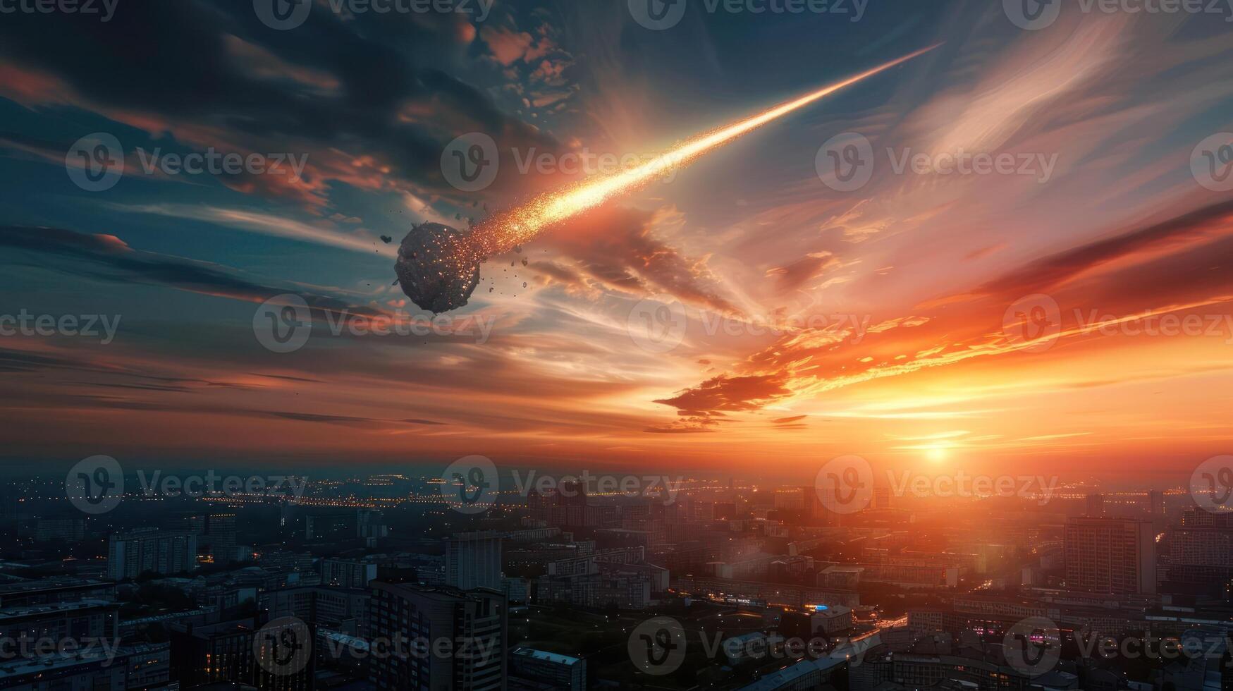 A breathtaking sunset over a city skyline as a meteor streaks across the sky, creating awe photo