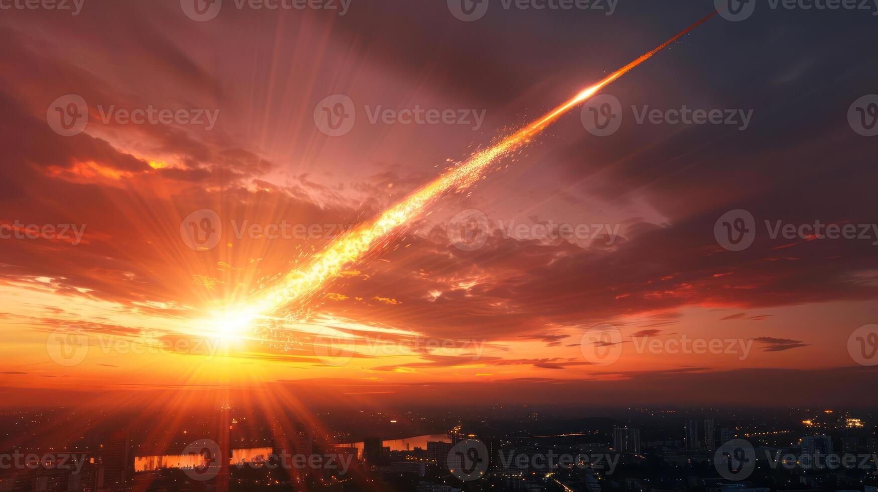 A stunning sunset view with a meteor streaking across the sky over a city skyline photo