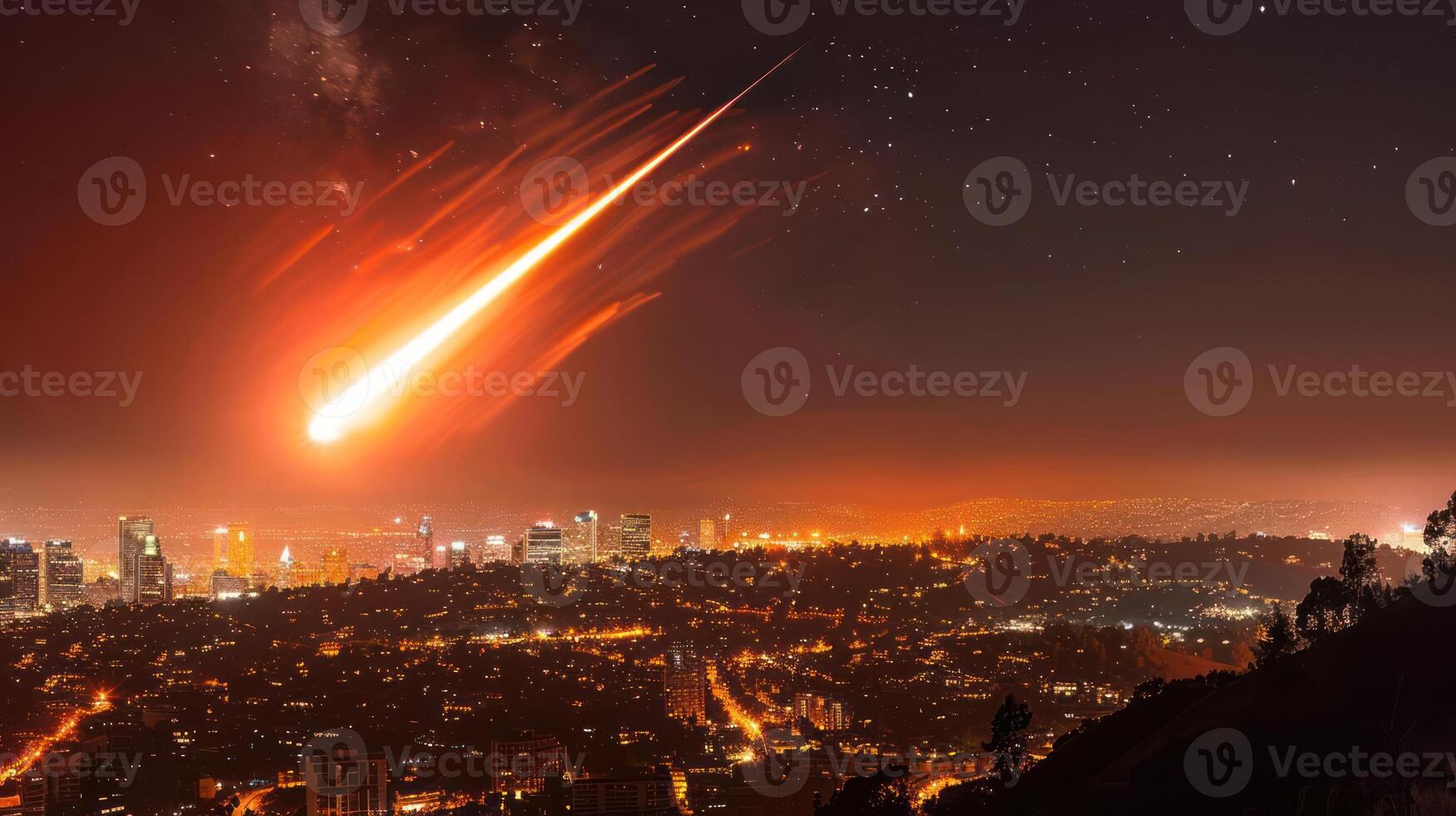 Meteor streaking across the night sky over a vibrant cityscape, illuminating the skyline photo
