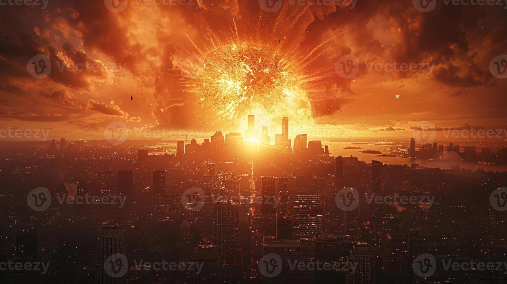 Dramatic explosion over a city skyline at sunset, showcasing destruction and chaos in the background photo