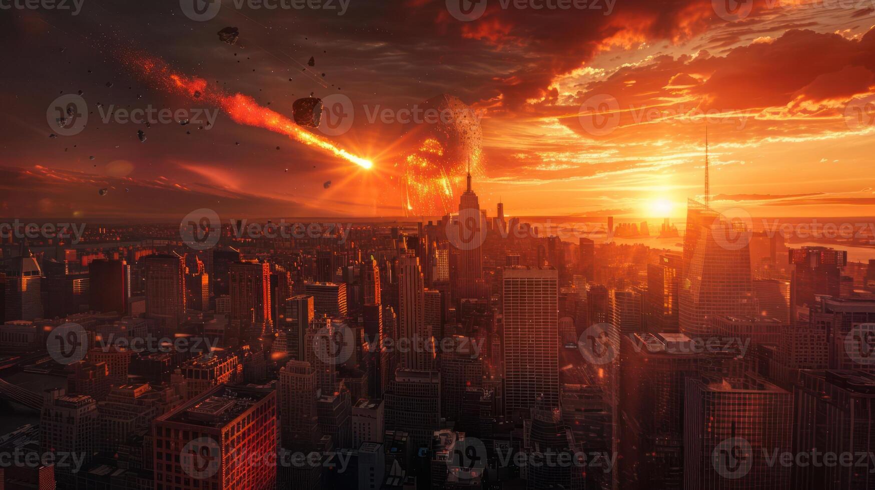 Dramatic sunset over a bustling city skyline with a meteor shower illuminating the sky photo