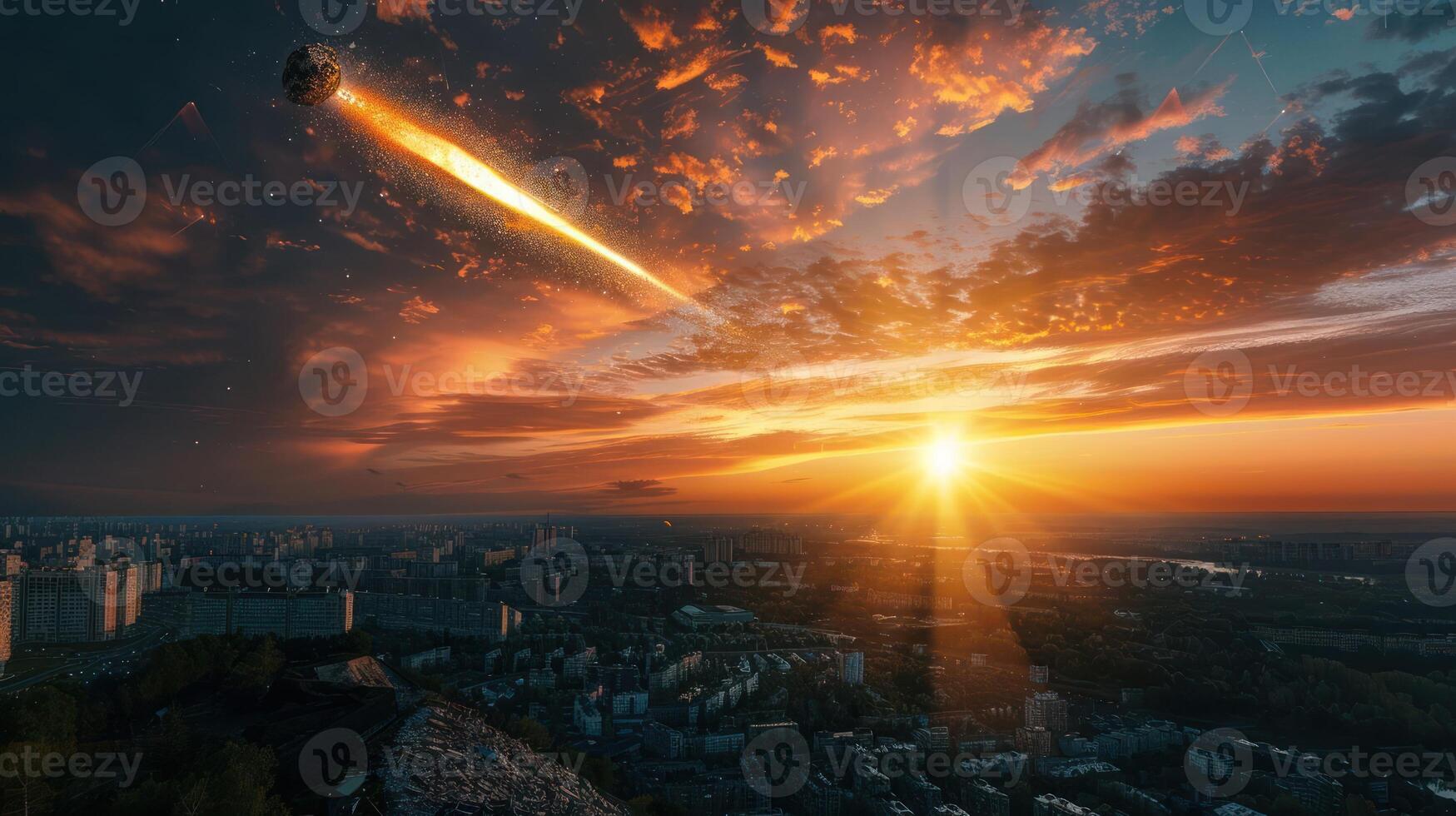 A breathtaking sunset over a city skyline with a meteor streaking across the sky photo