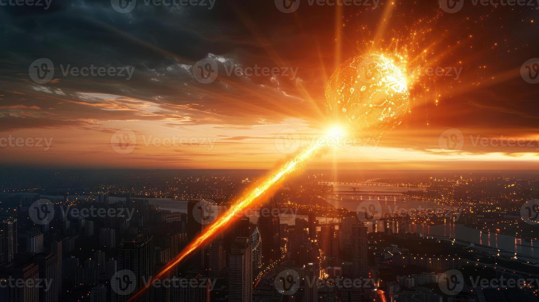 Dramatic sunset over a city skyline with a fiery meteor streaking through the clouds photo