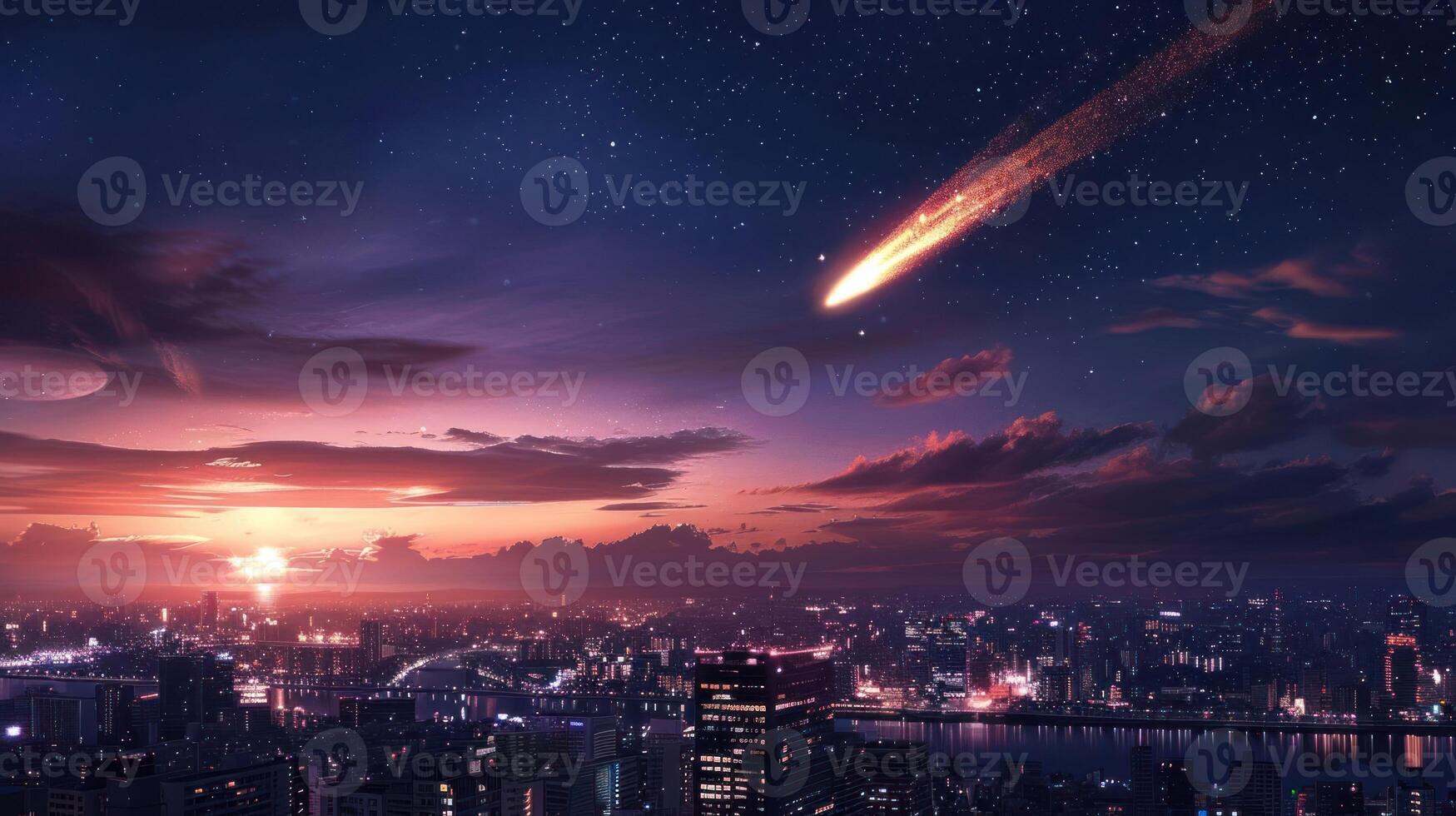 A vibrant sunset over a bustling city skyline with a comet streaking across the sky photo