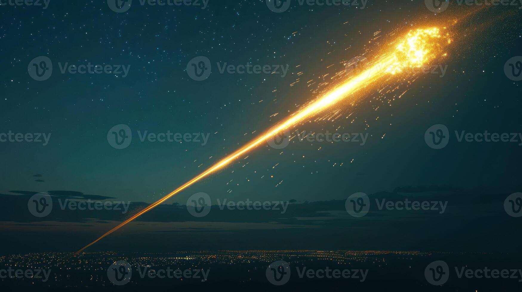 Bright meteor streaking across a night sky over a city landscape, illuminating the dark surroundings photo