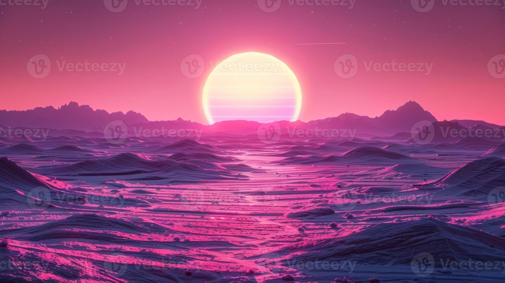 Vibrant sunset illuminating surreal alien landscape with mountains and valleys in the background photo