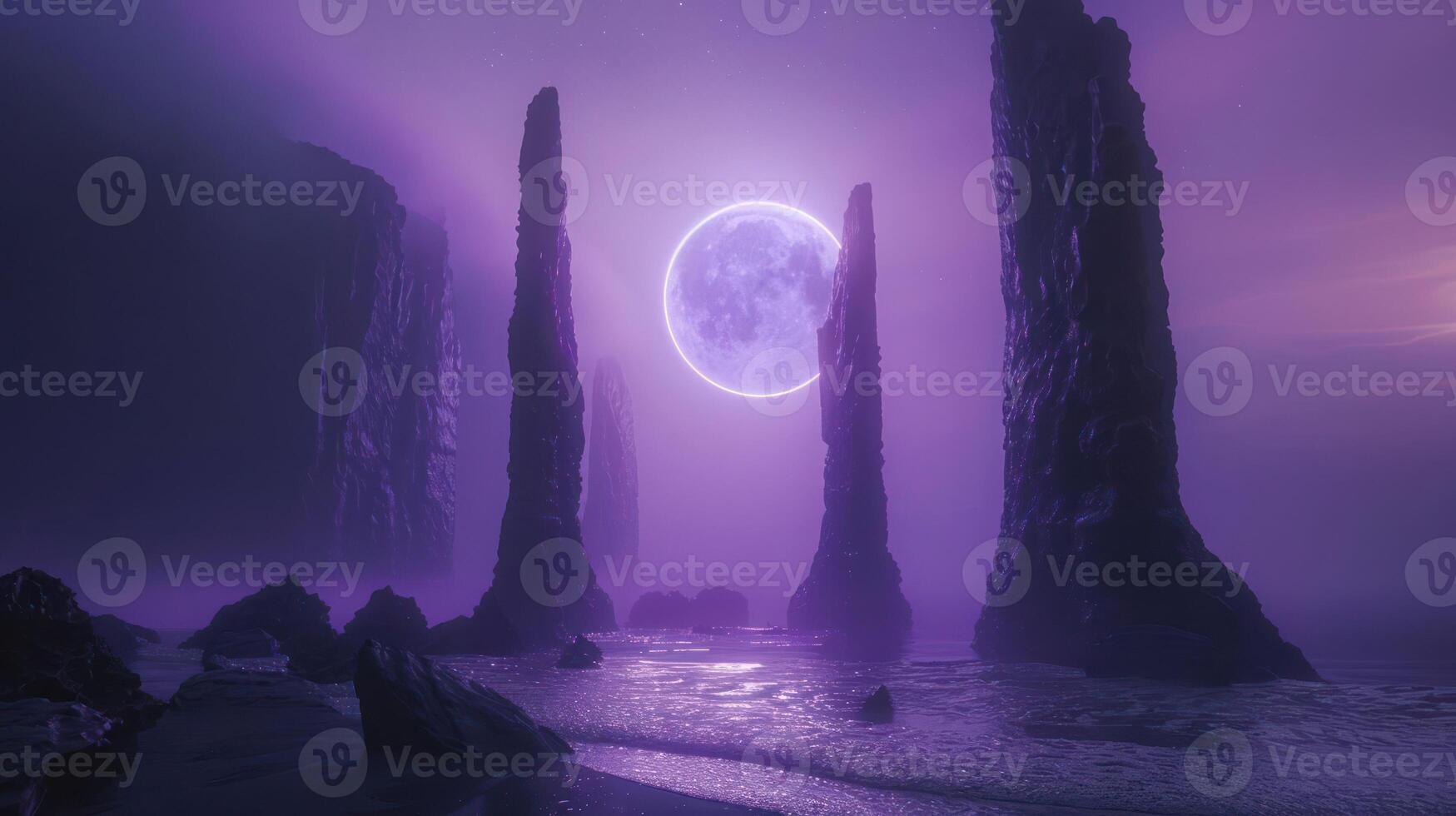 Ethereal landscape at night featuring towering rock formations under a glowing full moon photo