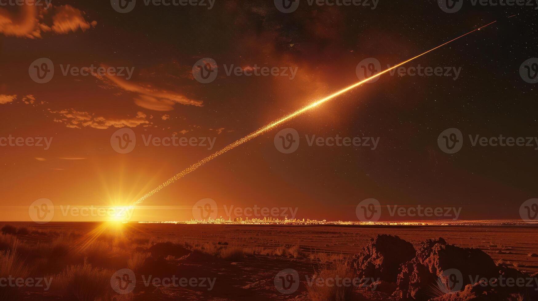 Meteor streaking across a sunset sky over a distant city skyline and desert landscape photo