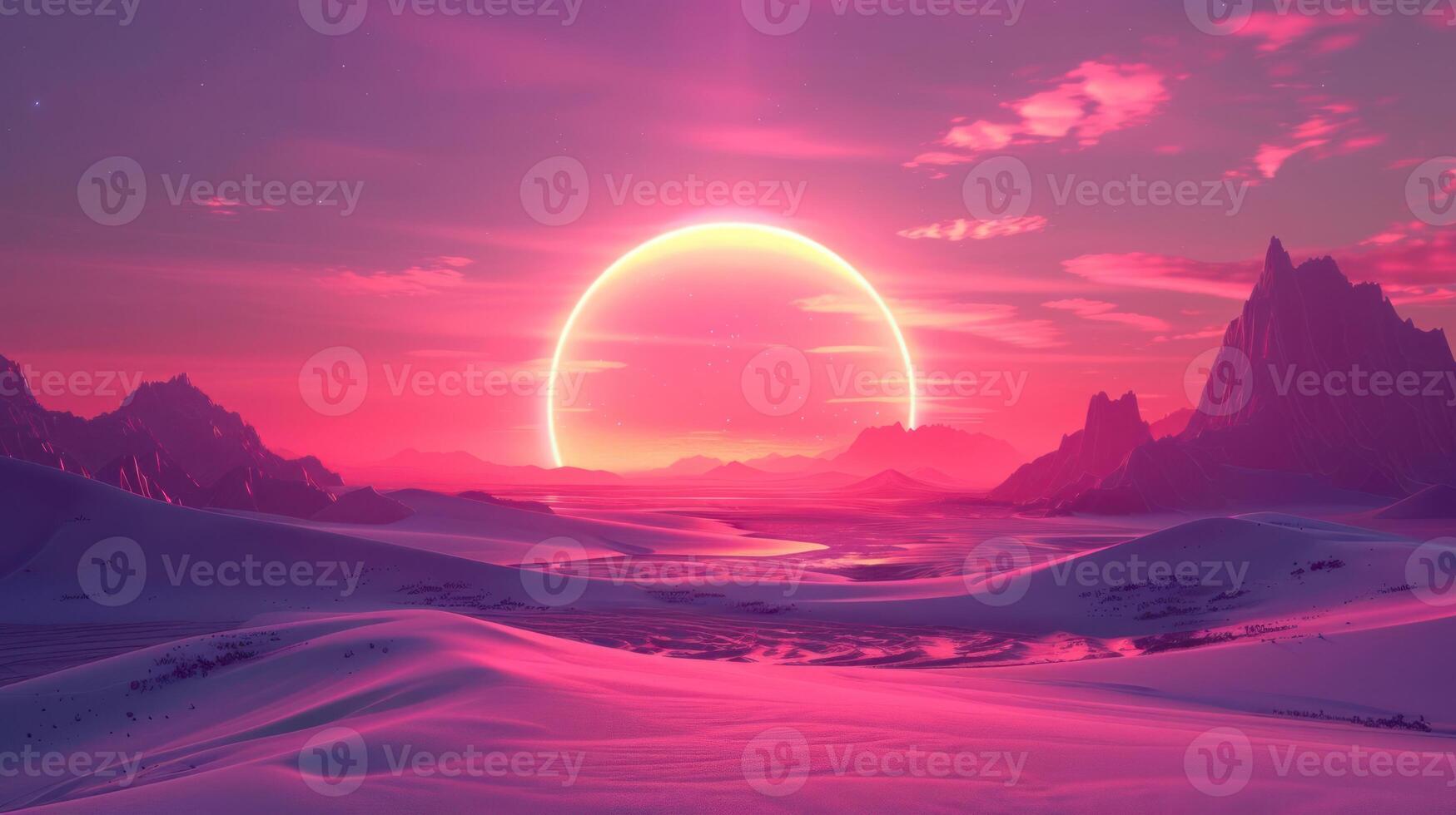 Vibrant sunset over a surreal desert landscape with glowing mountains and a serene atmosphere photo