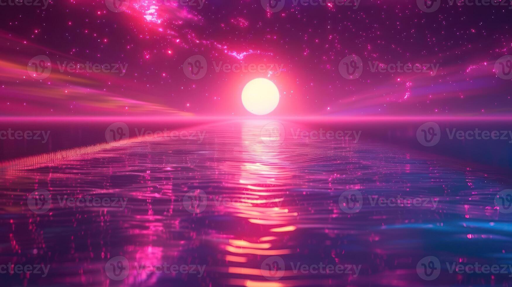 Vibrant sunset over tranquil waters with cosmic elements, creating a serene atmosphere photo