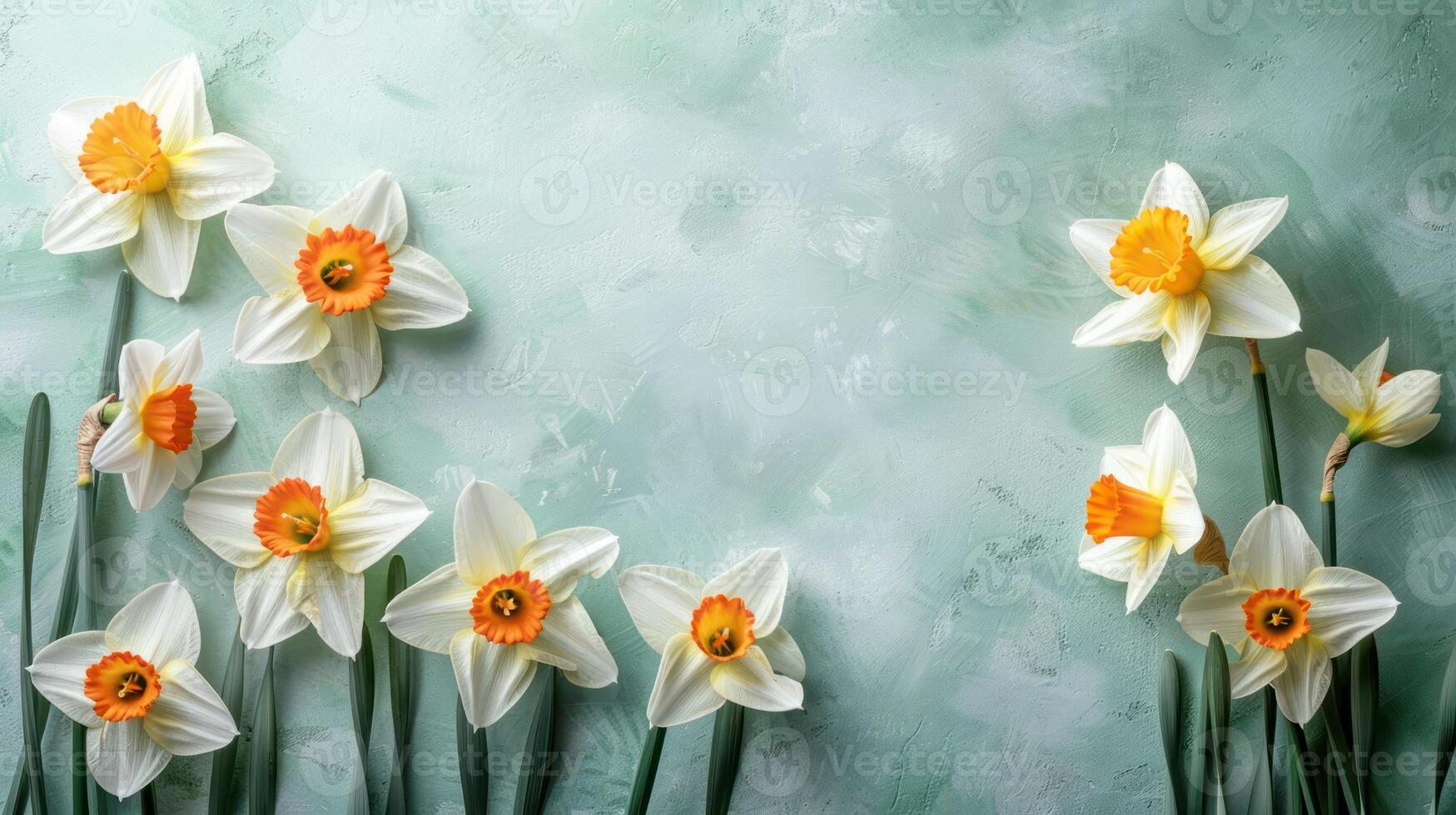 Beautiful arrangement of daffodils against a textured light blue background, conveying springtime freshness photo