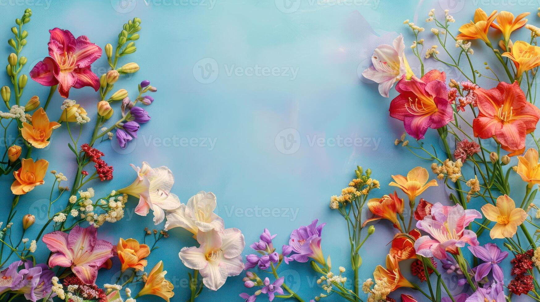 Vibrant floral arrangement featuring various blossoms on a serene blue background, ideal for spring themes photo