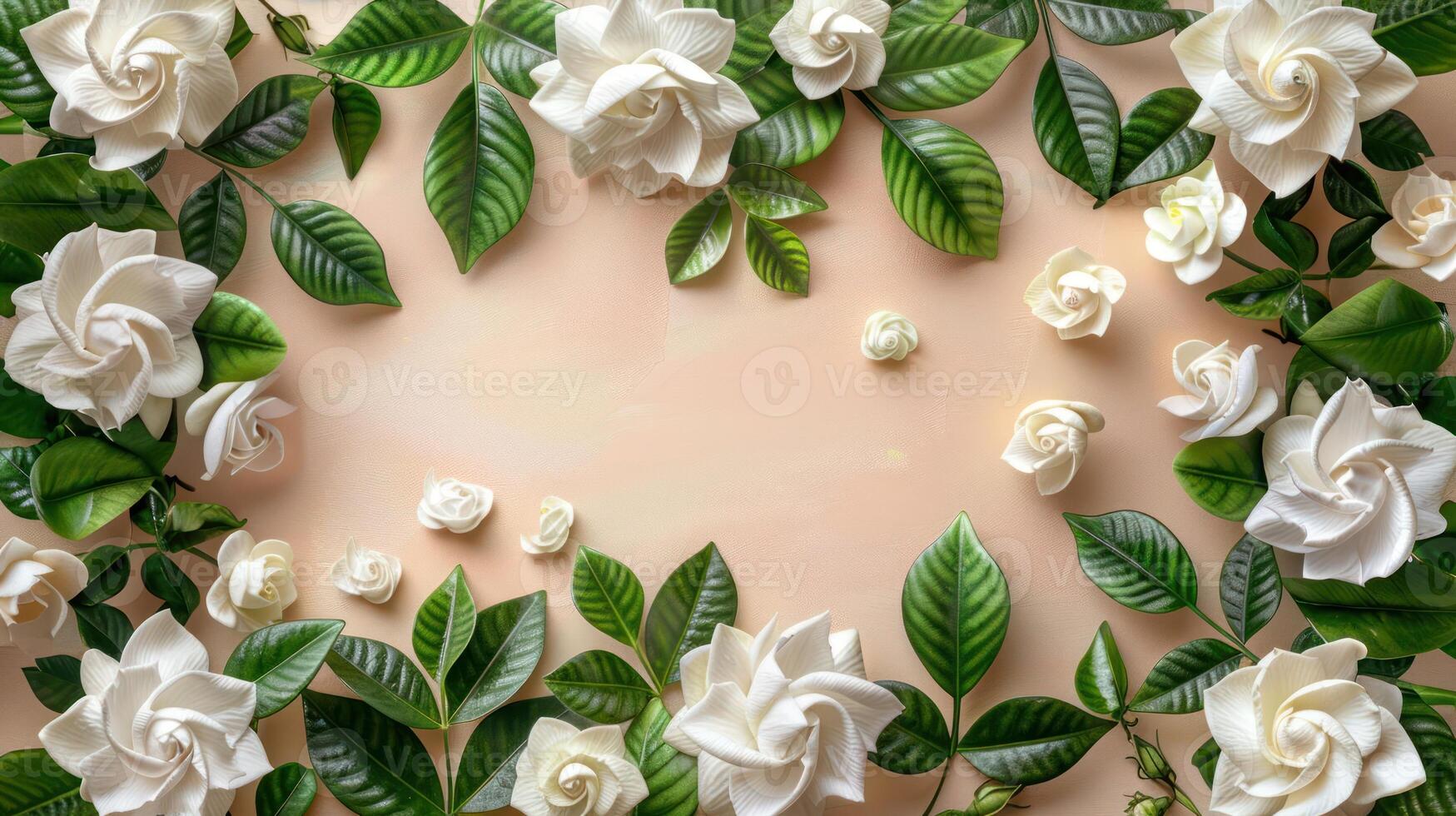 Elegant arrangement of white gardenias and green leaves on a soft pastel background, ideal for floral designs photo