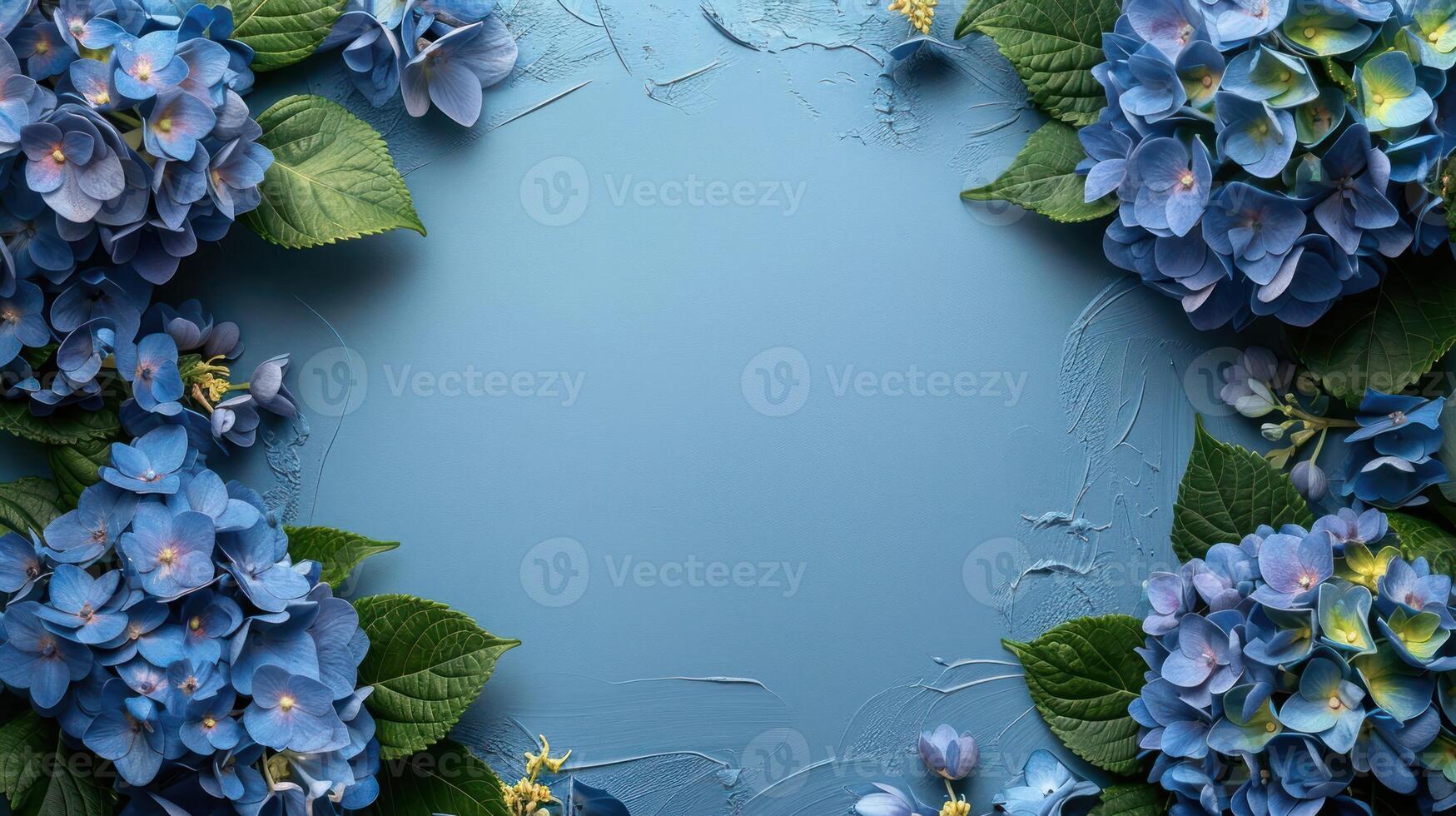 A vibrant arrangement of blue hydrangea flowers framing a textured blue background, ideal for invitations photo