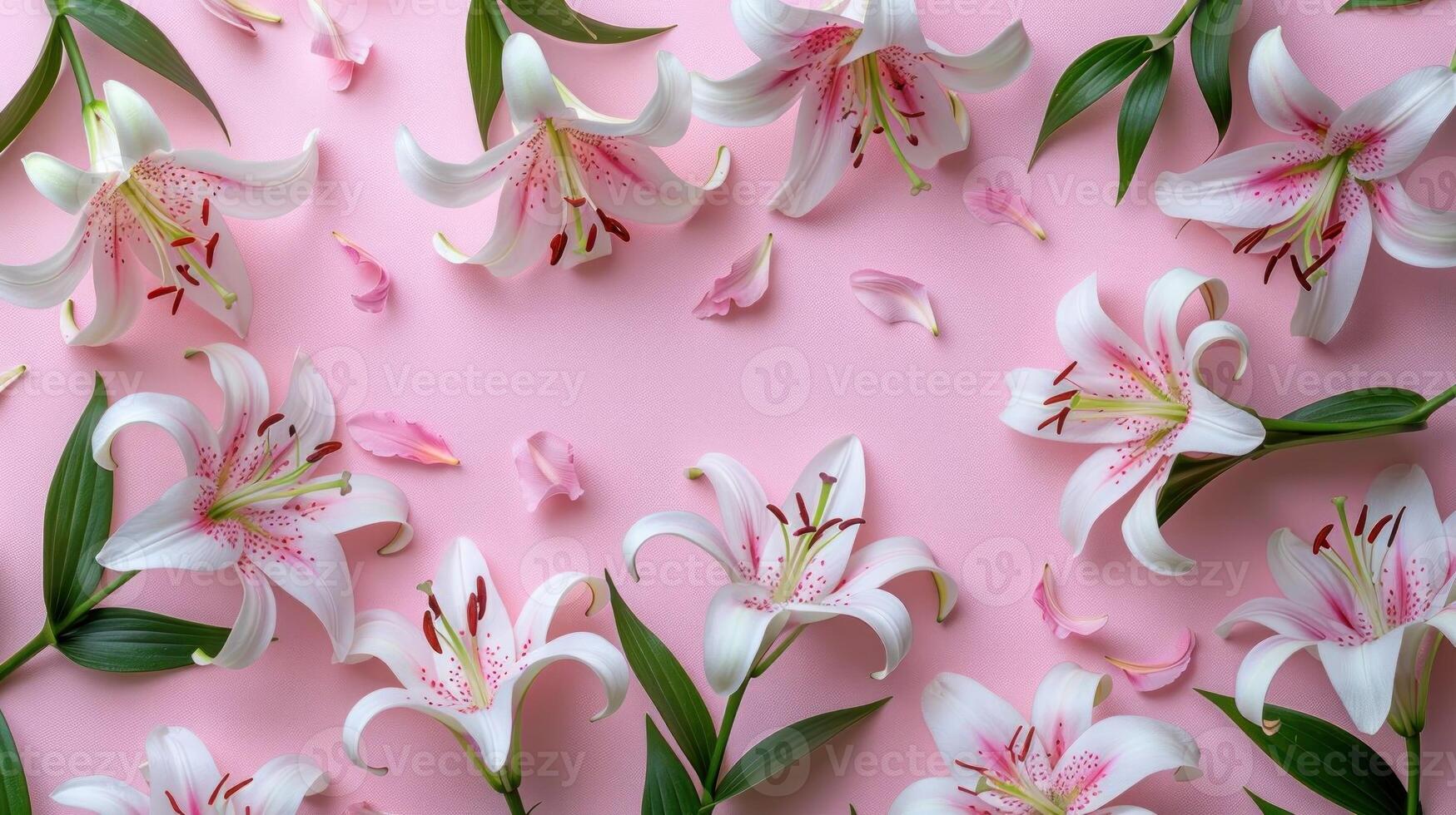 Beautiful arrangement of pink lilies on a soft pink backdrop with scattered petals, ideal for floral design photo