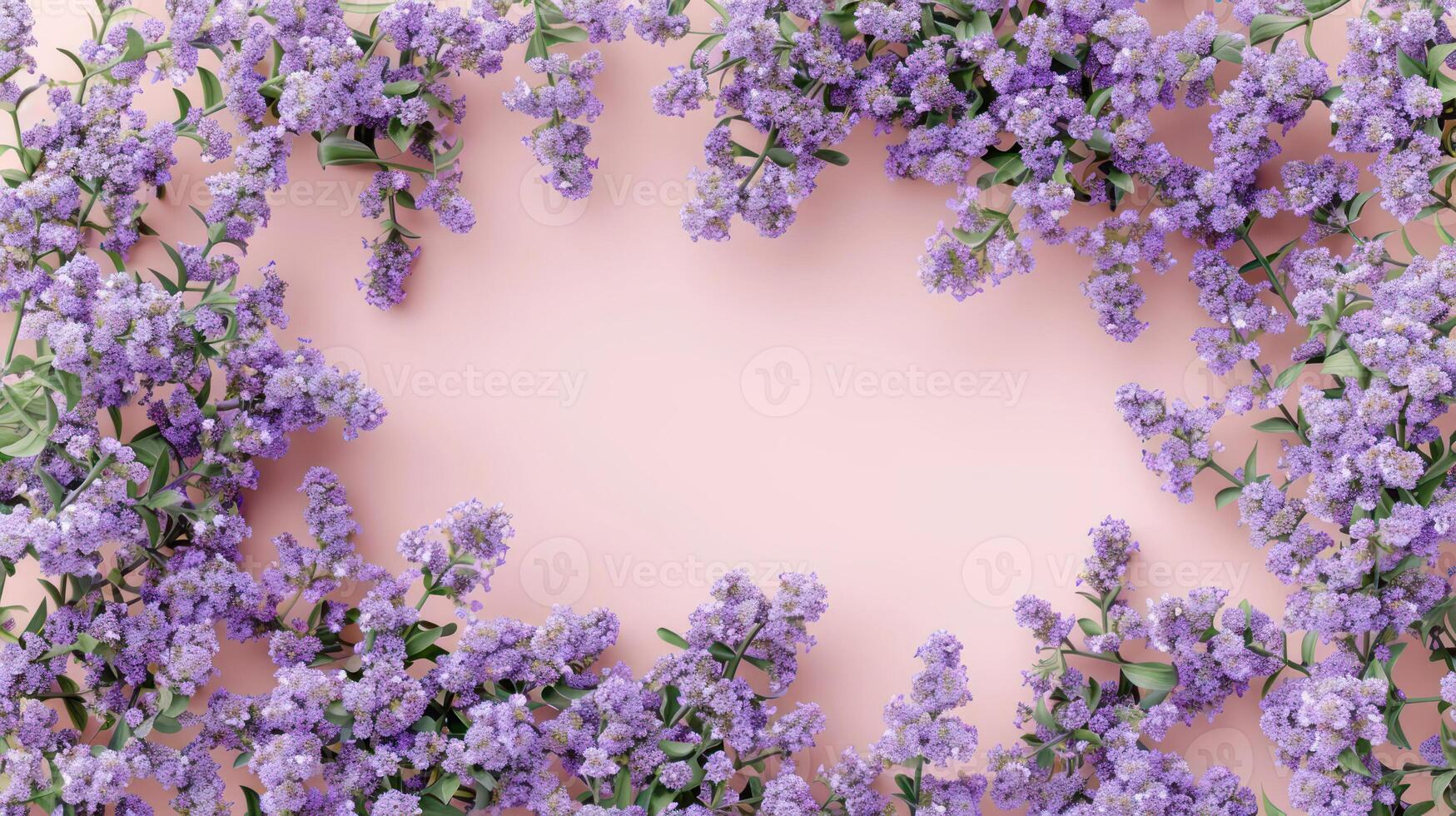 Purple flowers beautifully arranged on a soft pink background, creating a serene and vibrant frame photo