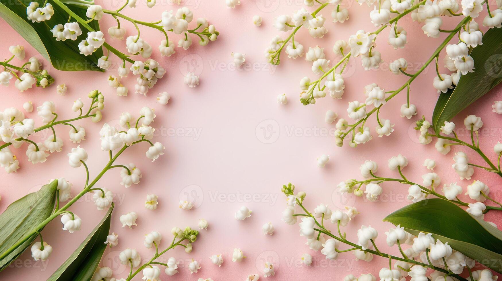 Delicate white lily of the valley flowers arranged on a soft pink background, creating a serene atmosphere photo