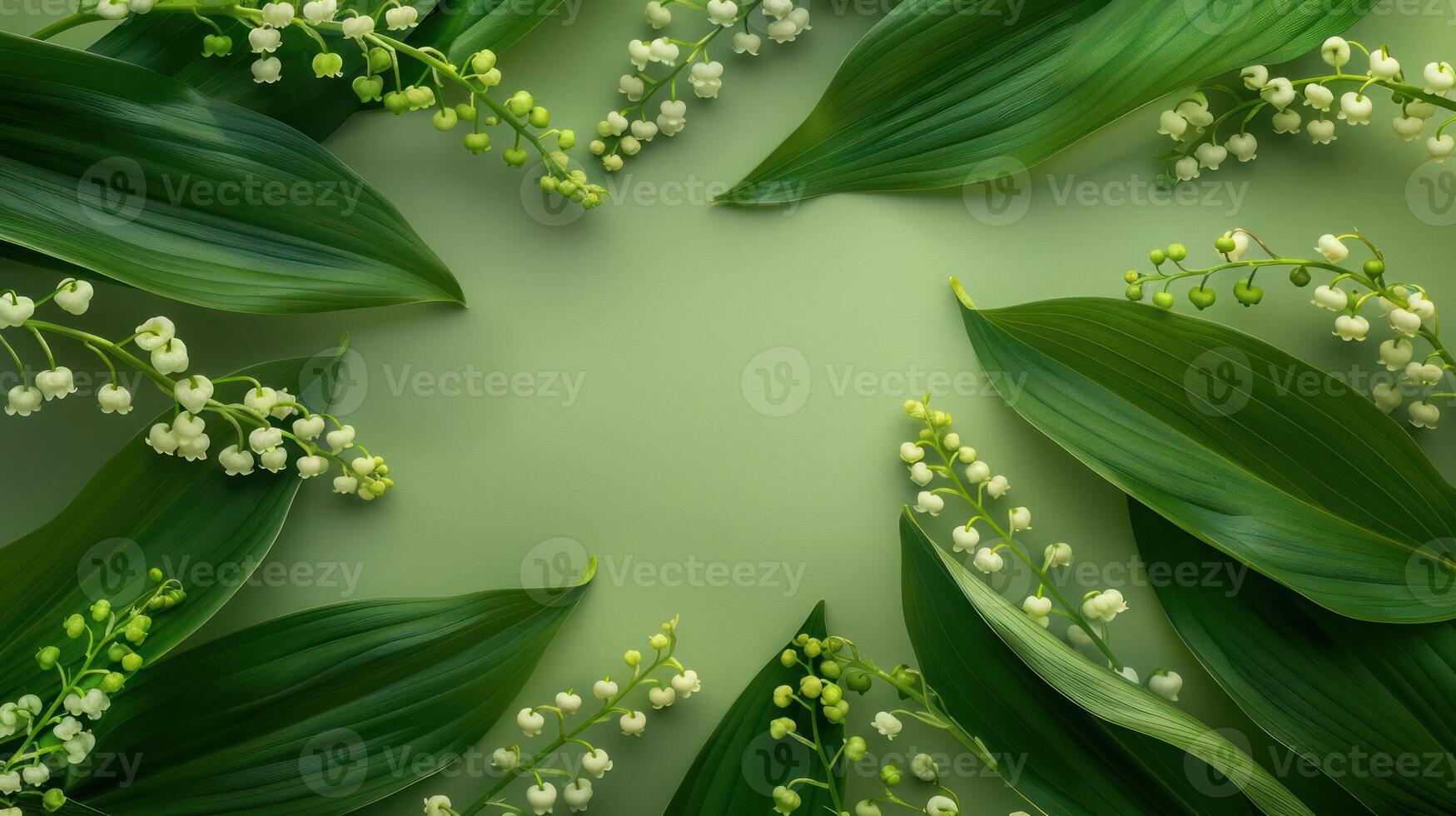 Lush green leaves and delicate lily of the valley flowers arranged artistically on a soft backdrop photo