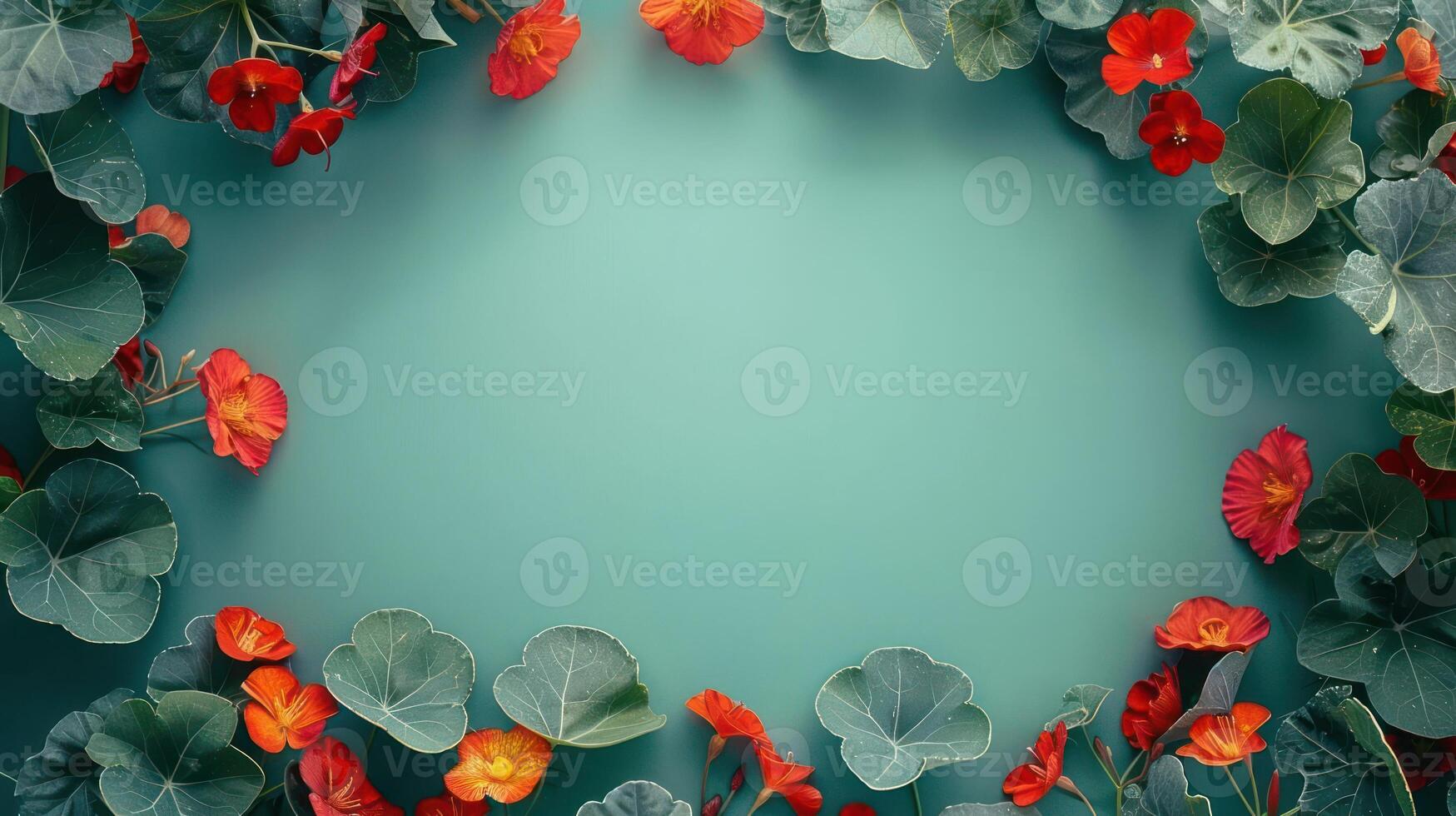 Vibrant floral arrangement with red flowers and green leaves on a turquoise background photo