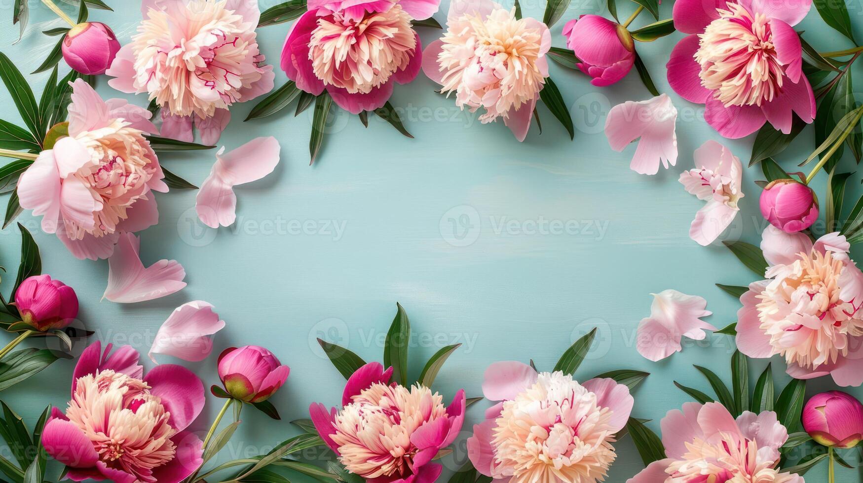 A vibrant arrangement of peonies and rose petals on a soft blue background, ideal for floral designs photo