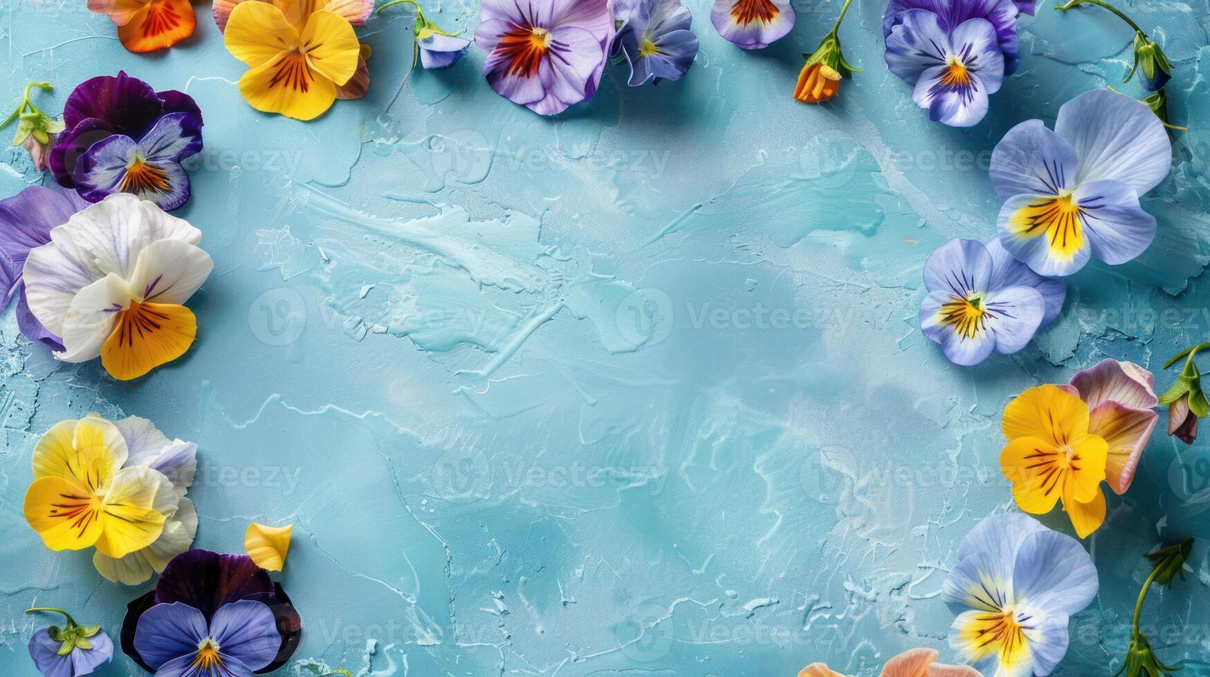 Colorful pansy flowers arranged around a textured blue background for creative design photo