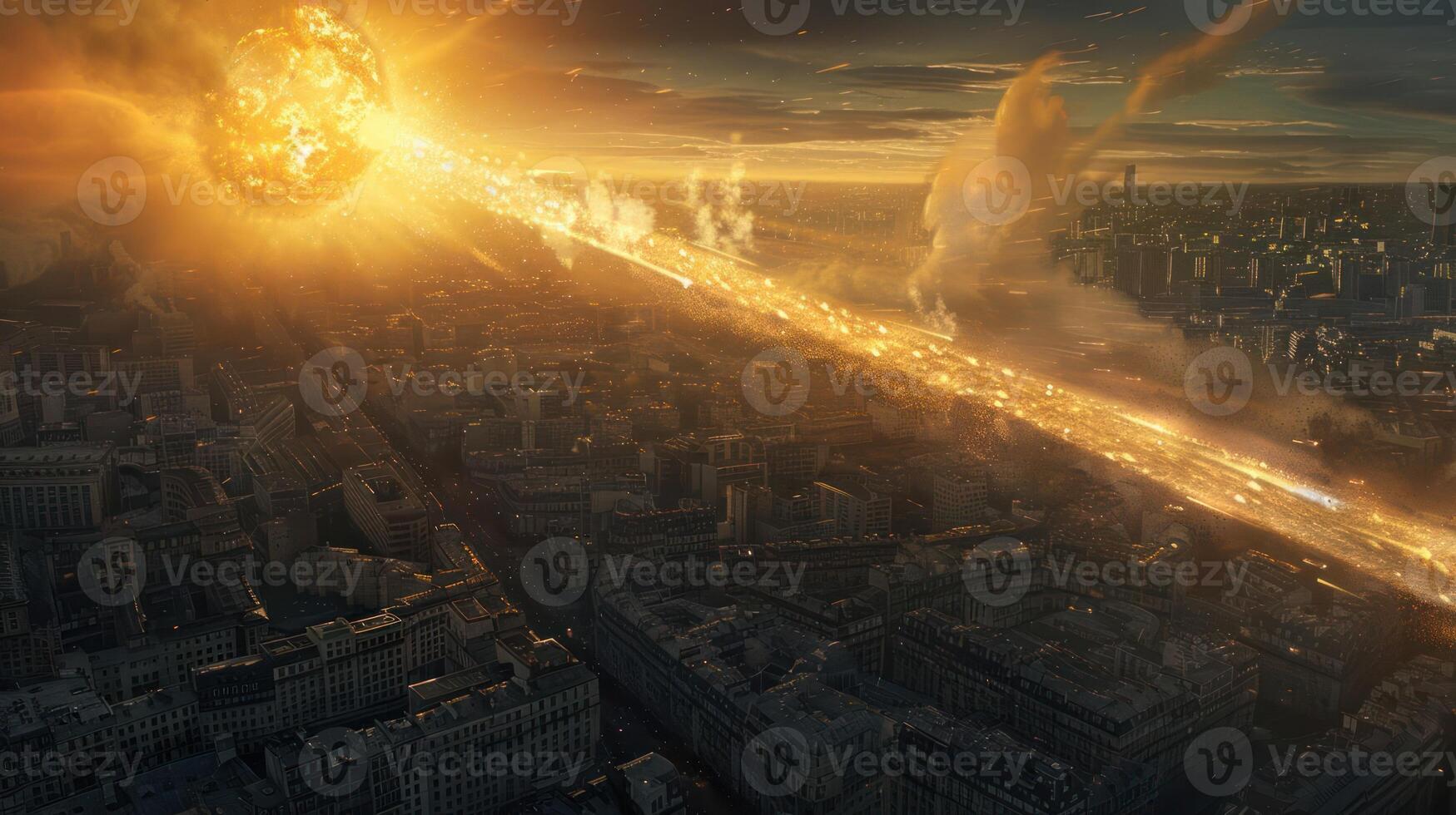 Catastrophic meteor impact over a city at sunset, causing chaos and destruction in the skyline photo