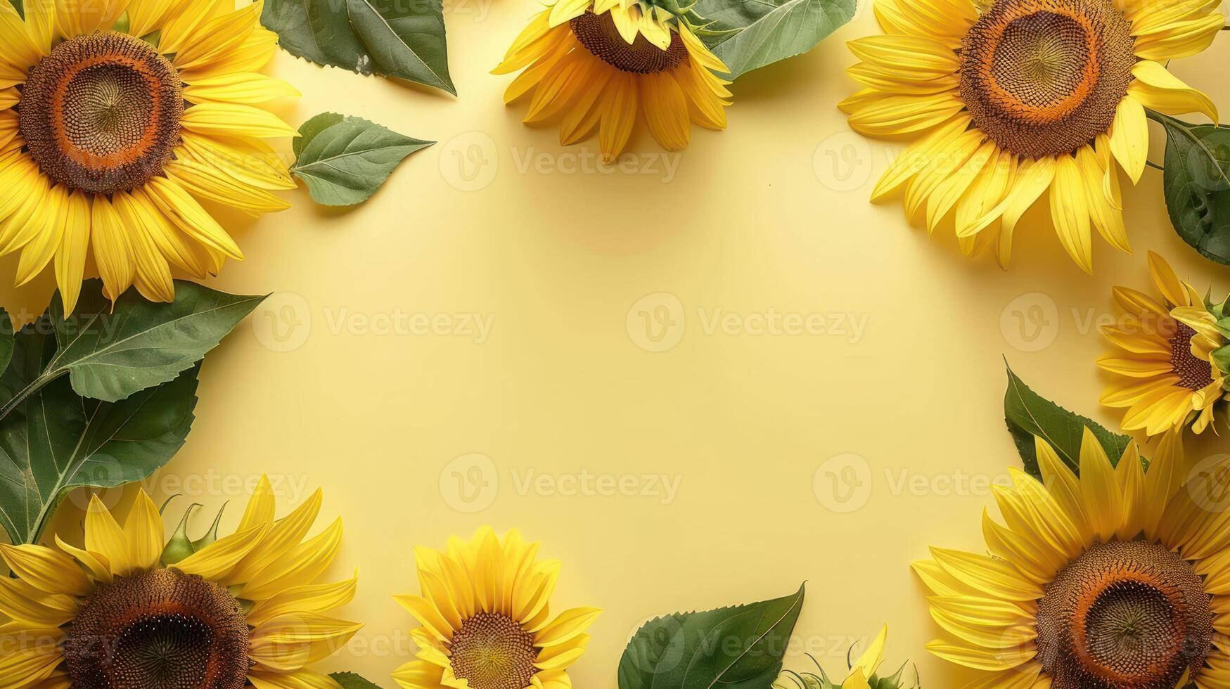 Bright sunflowers arranged in a vibrant yellow frame, creating a cheerful atmosphere photo
