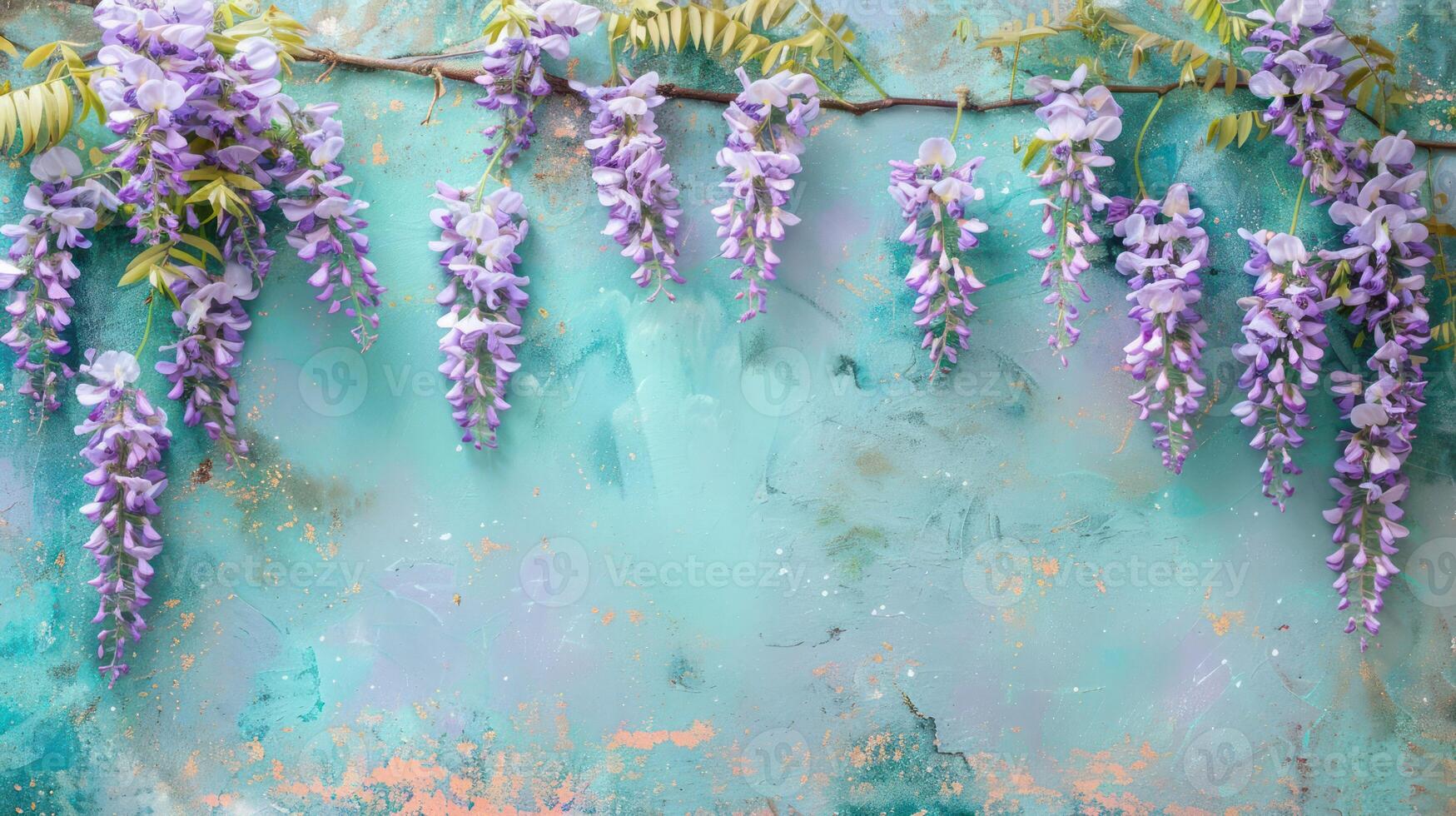 Vibrant wisteria flowers cascading against a textured turquoise background with hints of gold photo