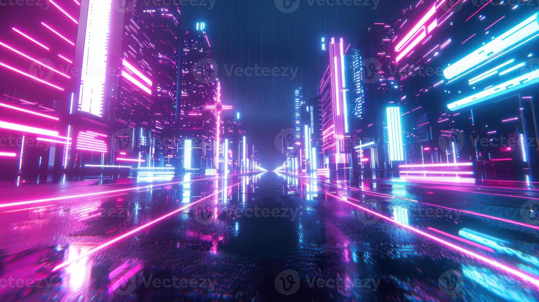 Futuristic neon cityscape with glowing lights and reflections on wet pavement at night photo