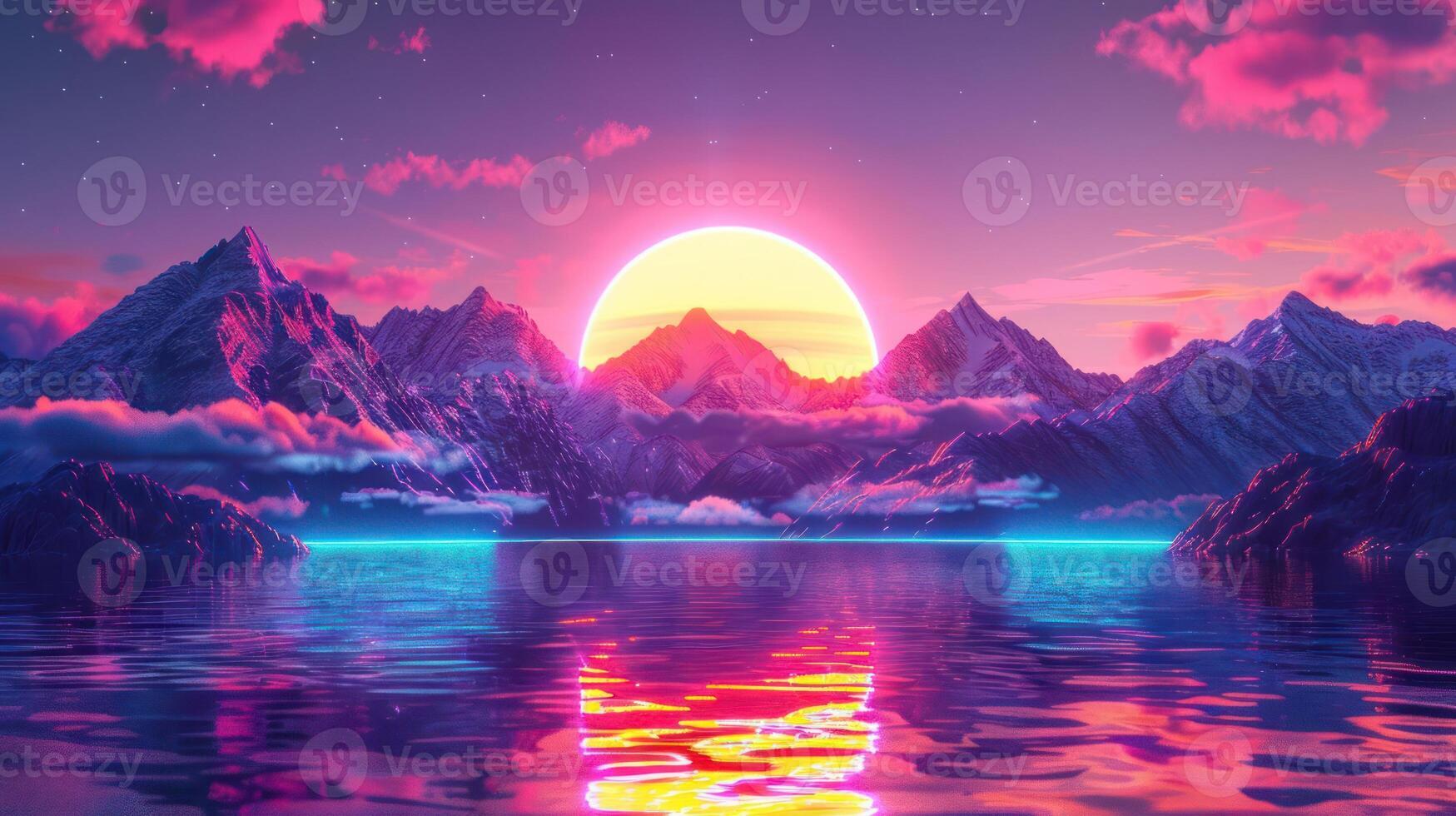 Vibrant sunset over majestic mountains reflecting on tranquil waters with colorful clouds photo