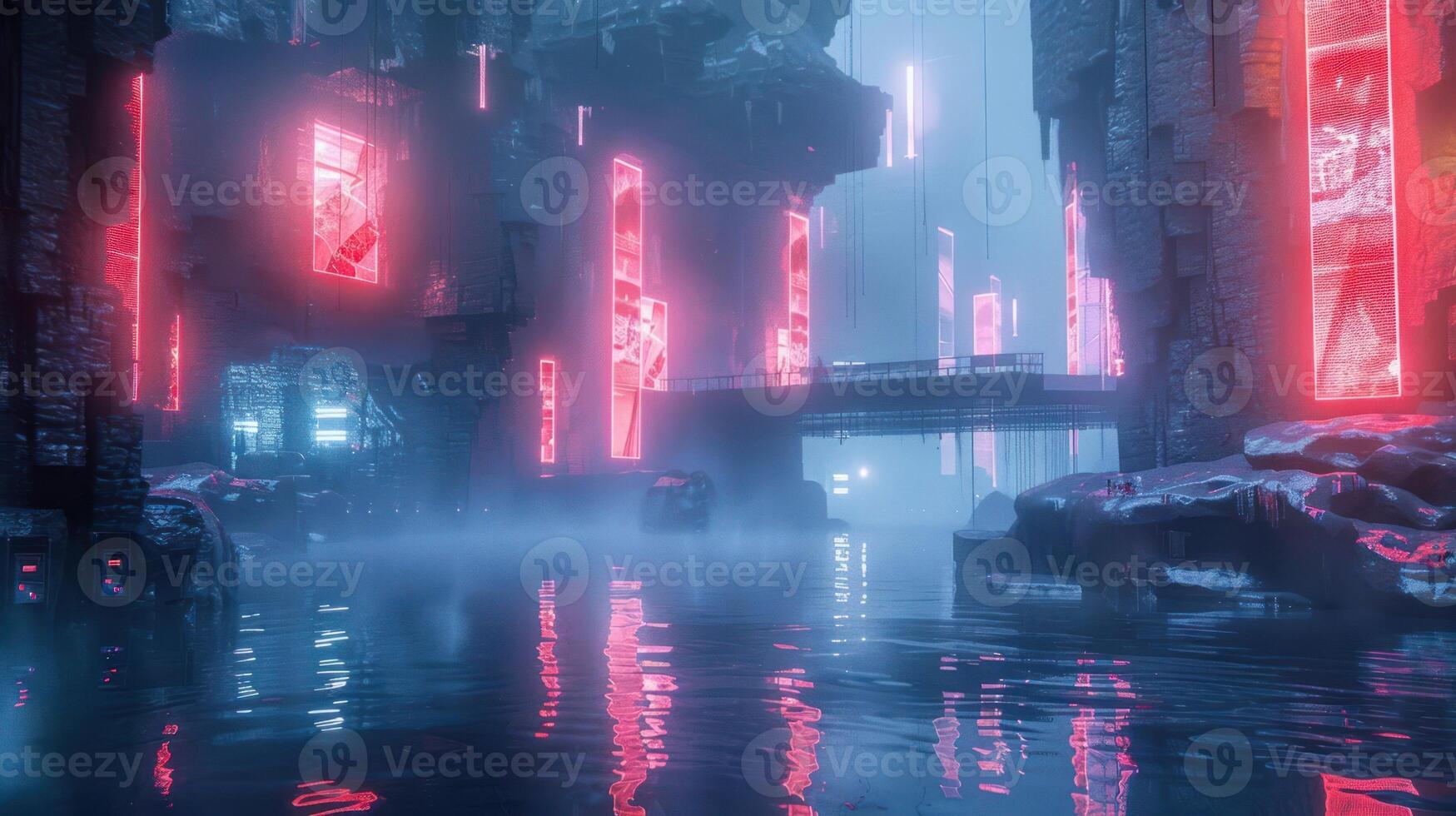 Futuristic cityscape with neon lights reflecting on water, showcasing a misty atmosphere and bridges photo