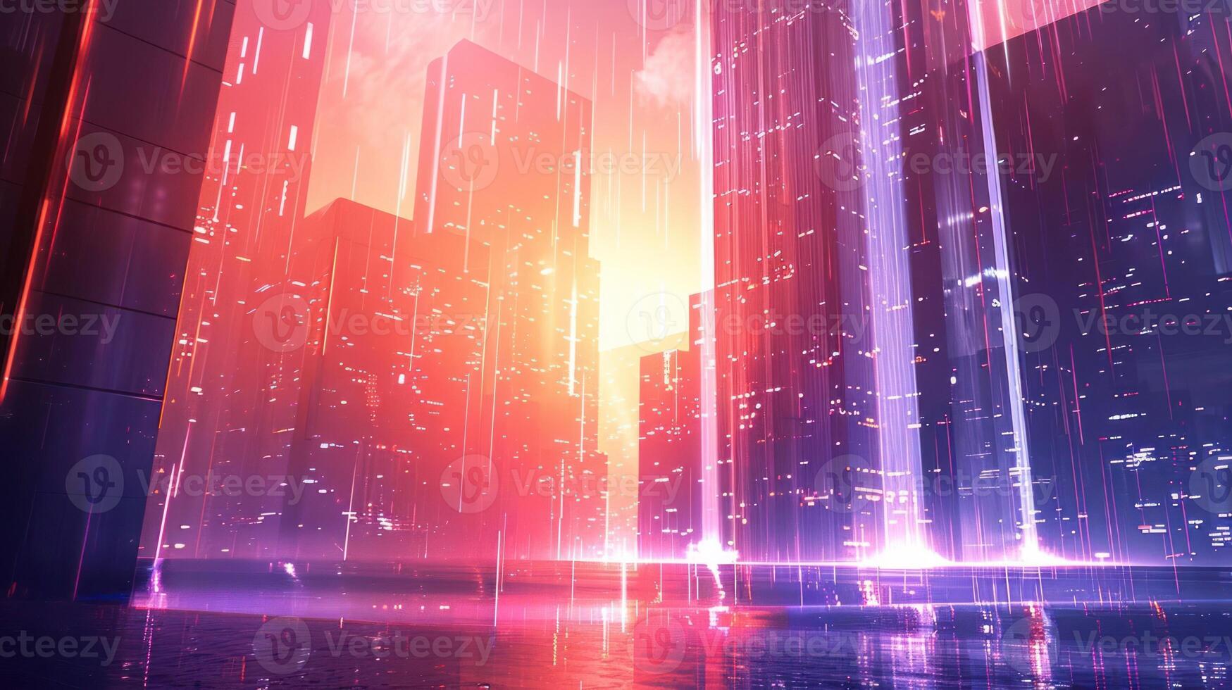 Futuristic cityscape at sunset with neon lights and rain, creating a vibrant atmosphere photo