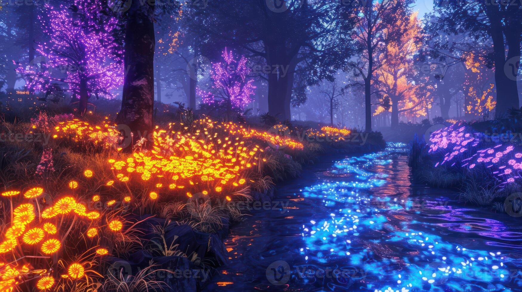 Enchanted forest at twilight with glowing flowers and a shimmering stream under colorful trees photo