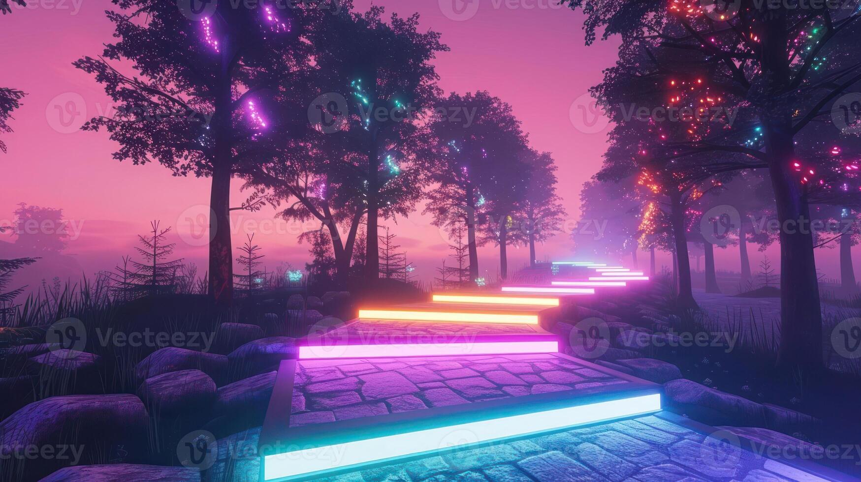Vibrant neon pathway illuminated by colorful lights in a serene forest at dusk photo