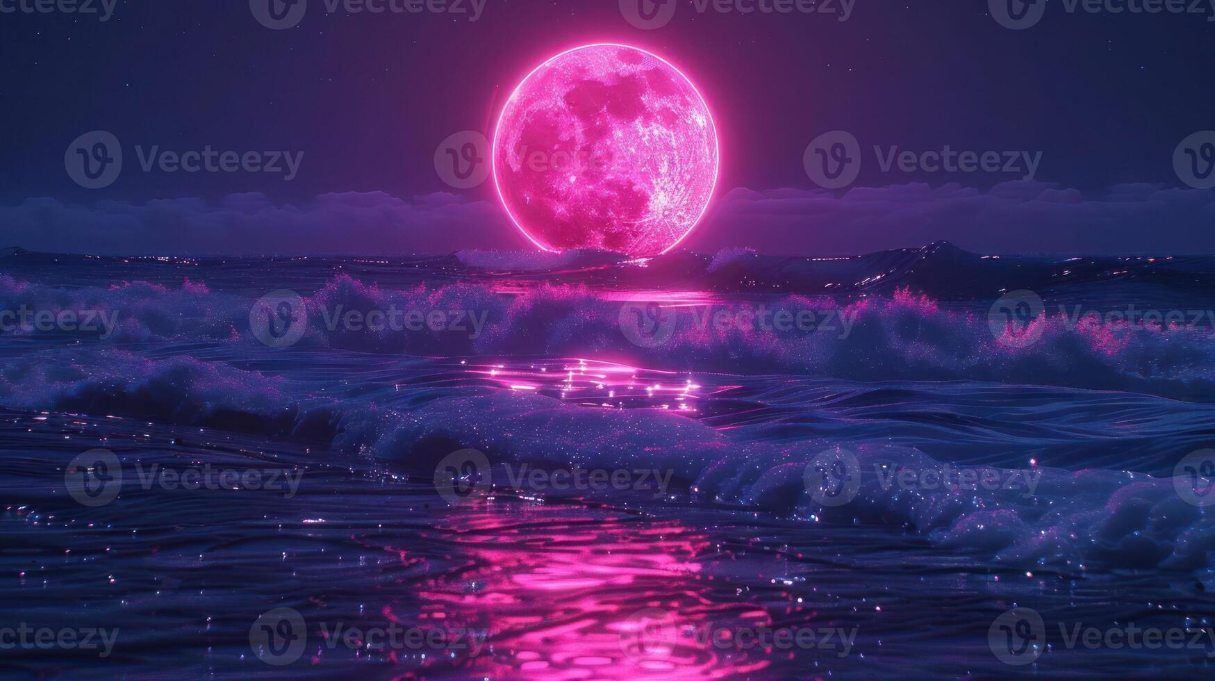 A vibrant pink moon rises over a serene ocean, casting reflections on the waves at night photo