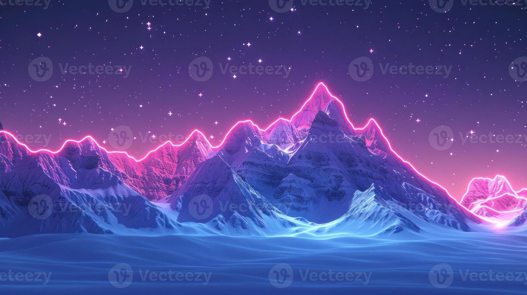 Futuristic mountain landscape with neon pink outlines under a starry night sky, serene atmosphere photo