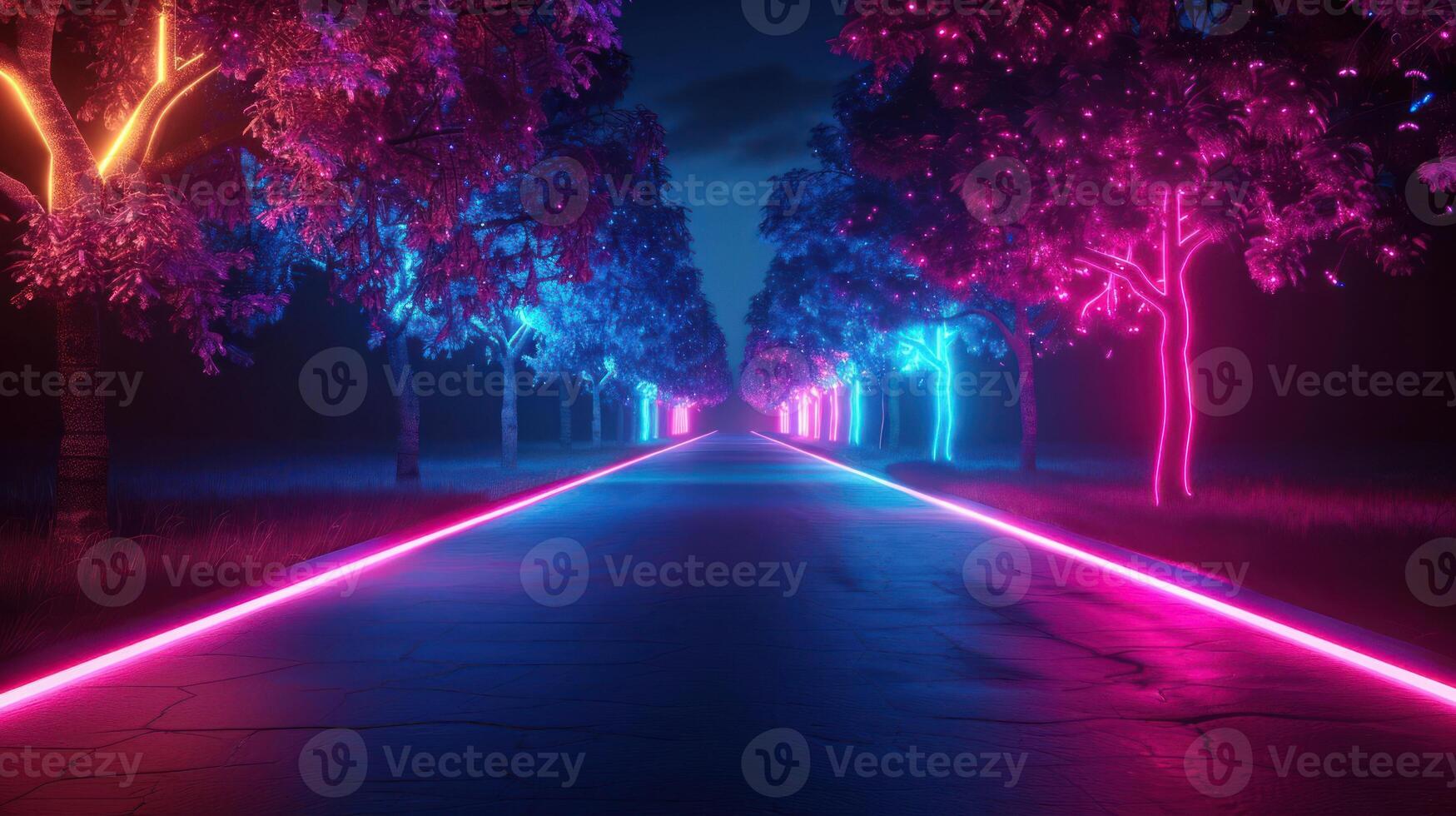 Neon-lit pathway lined with vibrant trees at night, creating a surreal atmosphere photo
