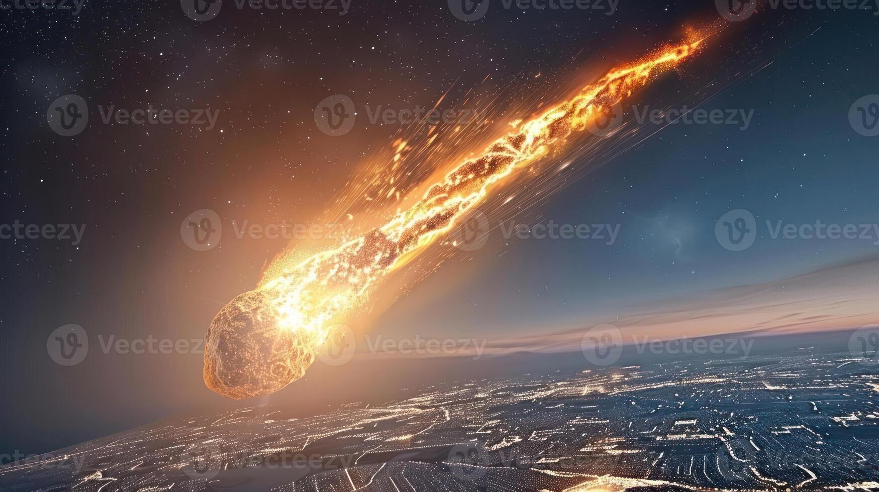A fiery meteor streaking across the night sky above a sprawling urban landscape, illuminating the scene photo