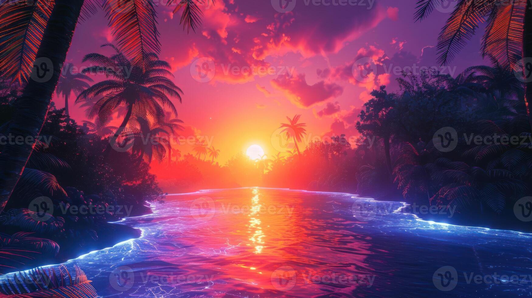 Vibrant sunset over a tranquil river surrounded by lush palm trees and colorful clouds photo