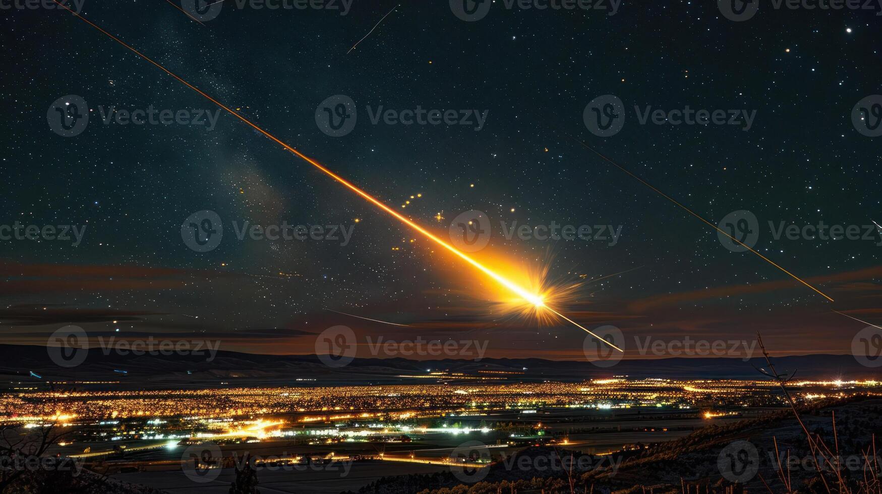 Stunning meteor shower illuminates night sky over a vibrant cityscape with twinkling lights photo