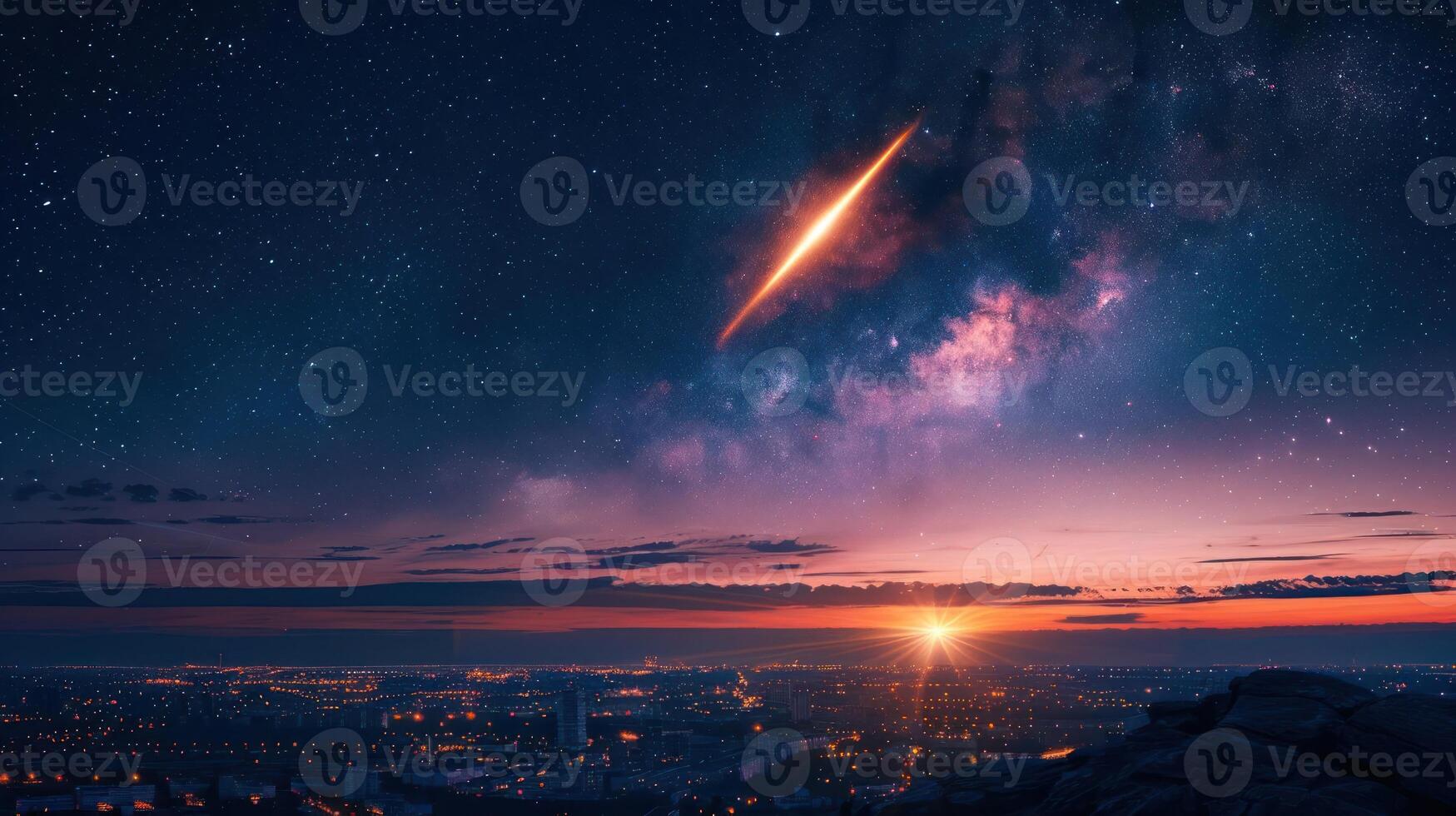 Stunning night sky view over a cityscape with a meteor shower and vibrant colors photo
