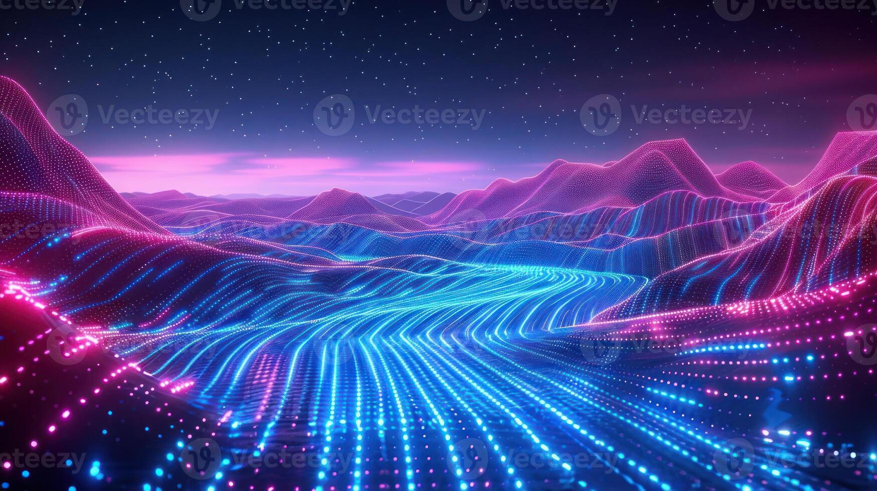 Futuristic landscape with glowing neon waves and mountains under a starry sky at dusk photo