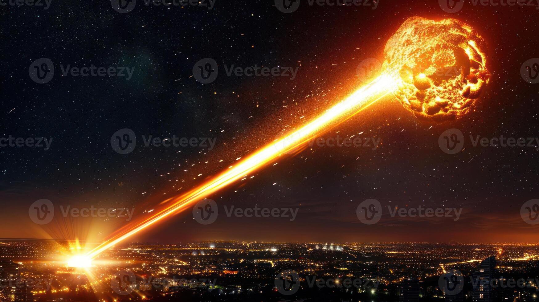A fiery meteor streaks across the night sky, illuminating a city skyline below, evoking awe photo