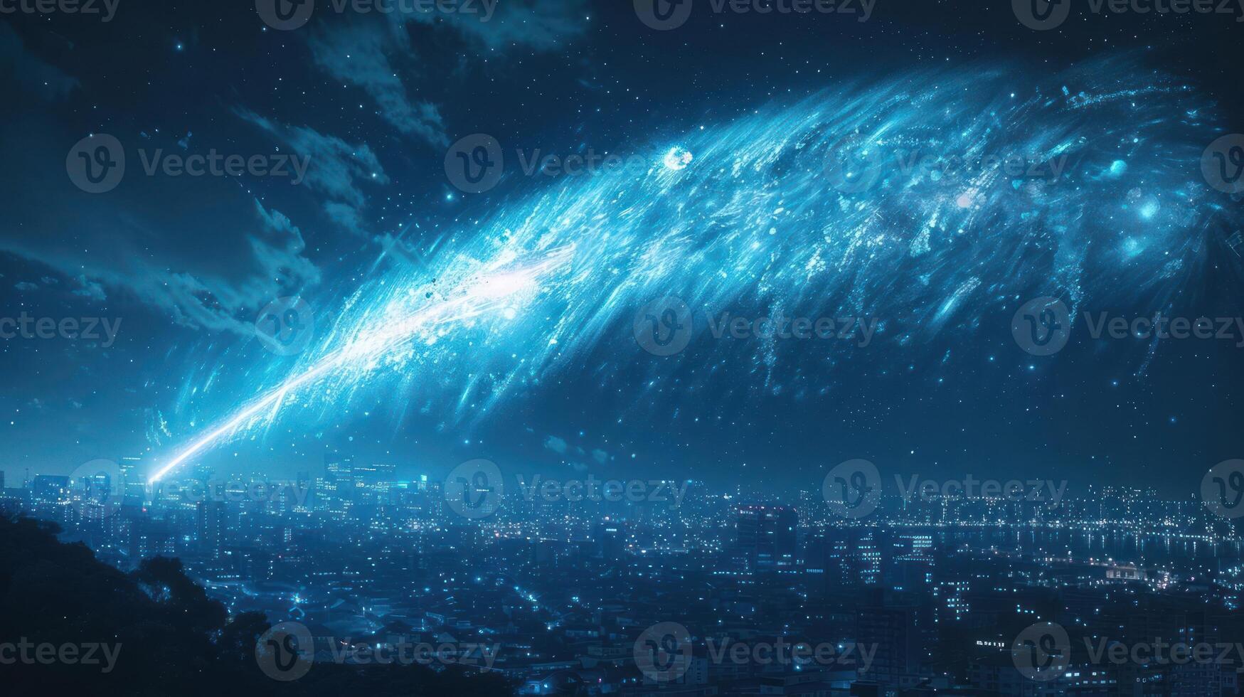 Stunning night view of a city illuminated by a cosmic event with vibrant blue streaks in the sky photo