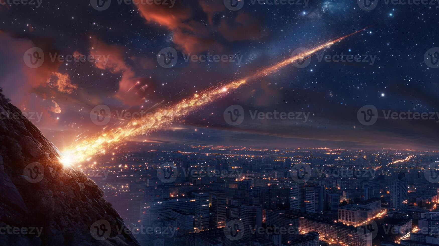 A meteor streaks across a night sky over a bustling city, illuminating the skyline below photo