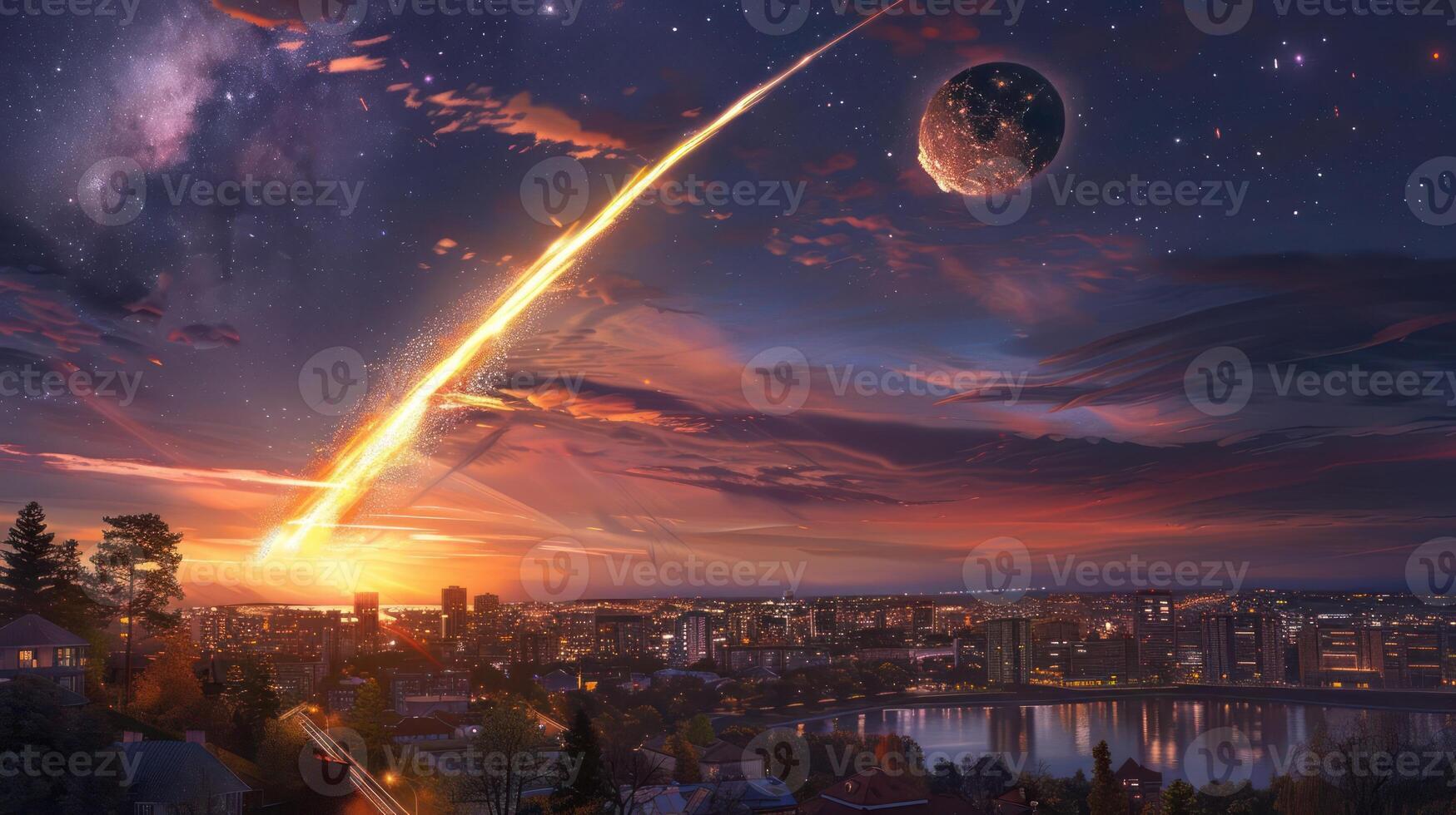 Stunning sunset over a city skyline with a meteor streaking across the sky and a large moon photo