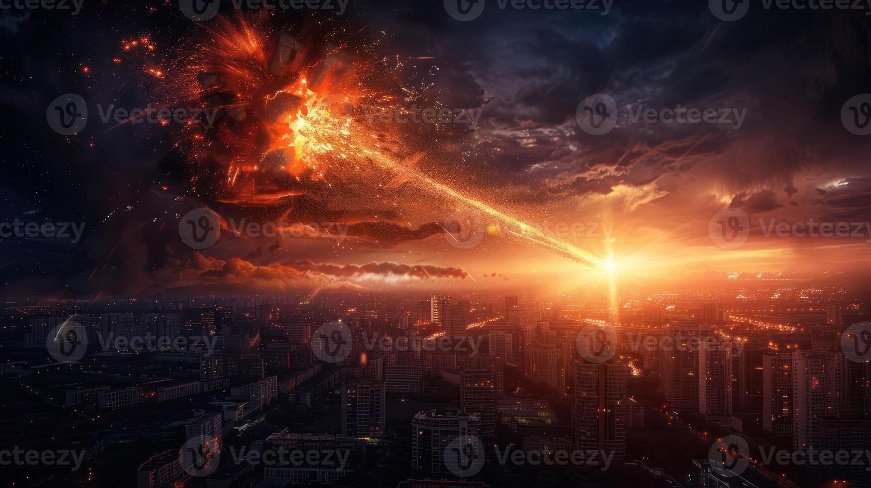Dramatic cityscape at sunset with an apocalyptic explosion in the sky and vibrant colors photo