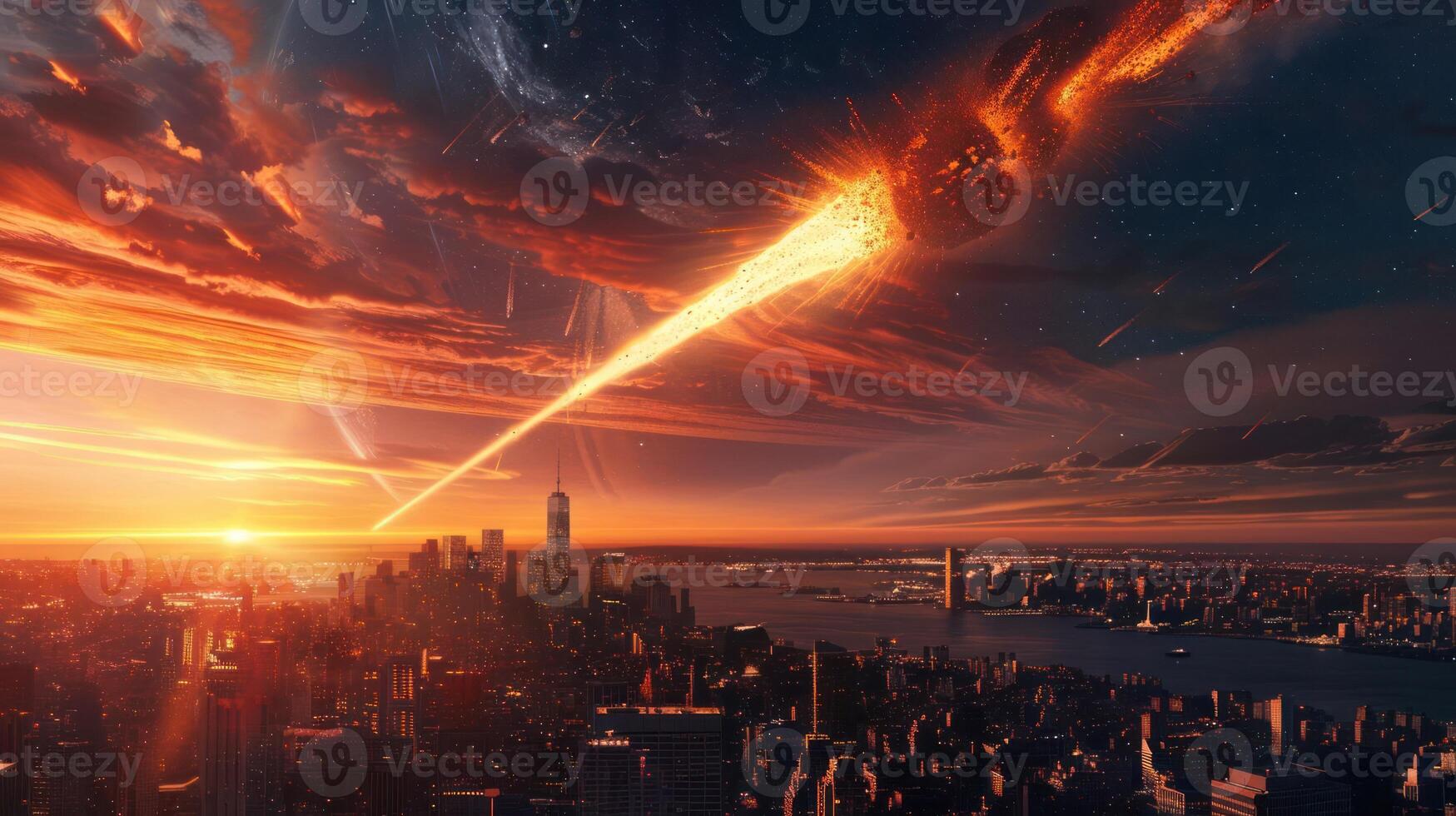 Dramatic meteor strike over a bustling city skyline at sunset, showcasing impending chaos photo