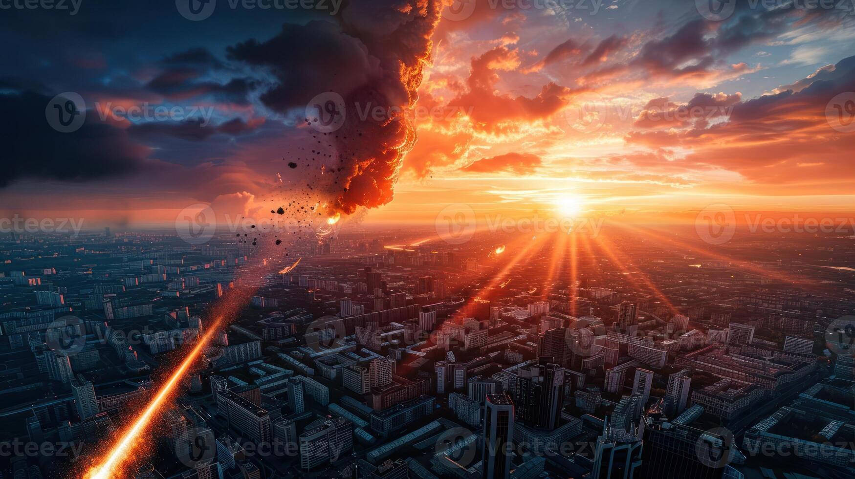 Dramatic sunset over a city skyline with meteor shower and clouds creating an apocalyptic scene photo