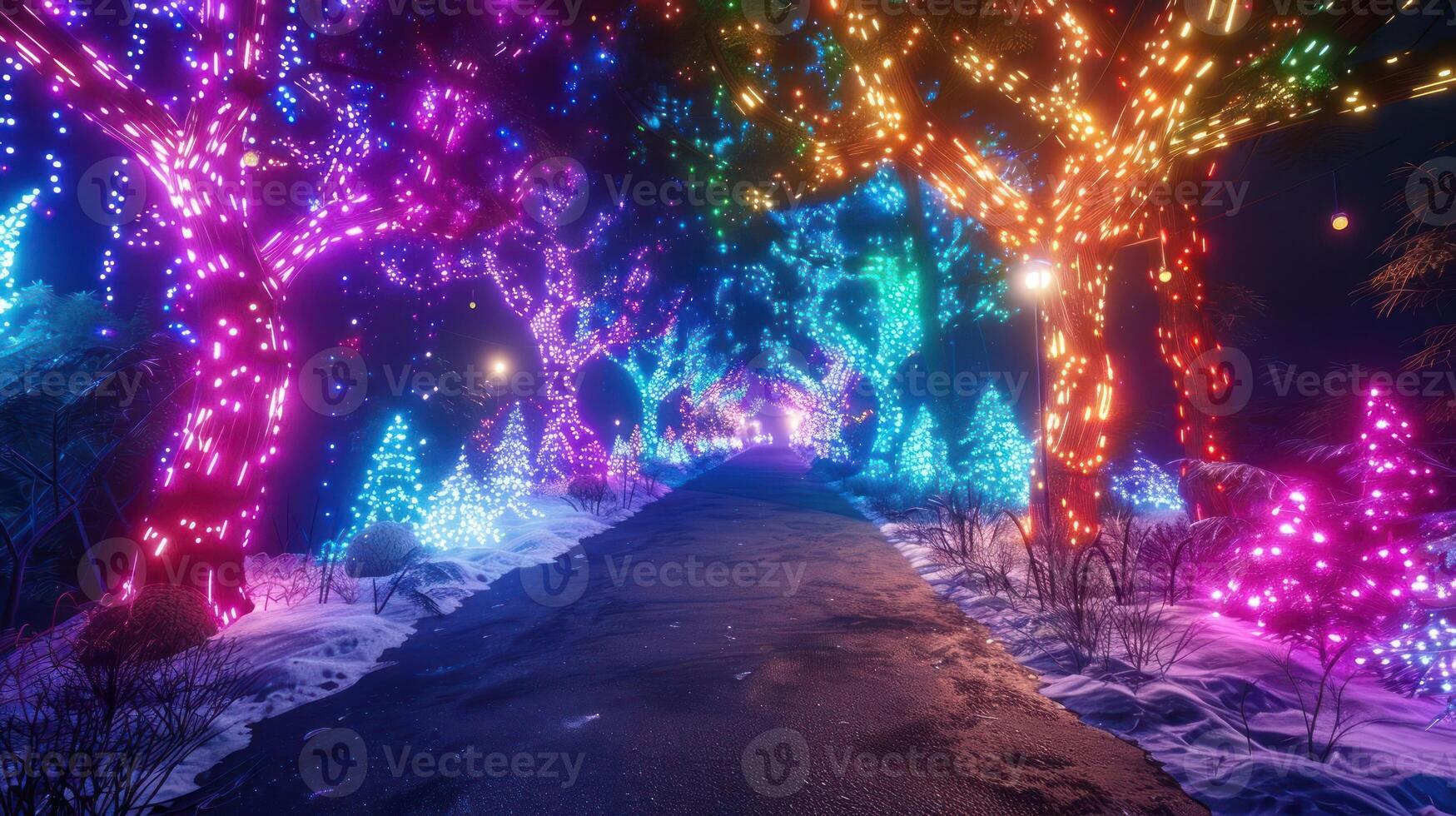Vibrant illuminated pathway through a winter forest adorned with colorful Christmas lights photo